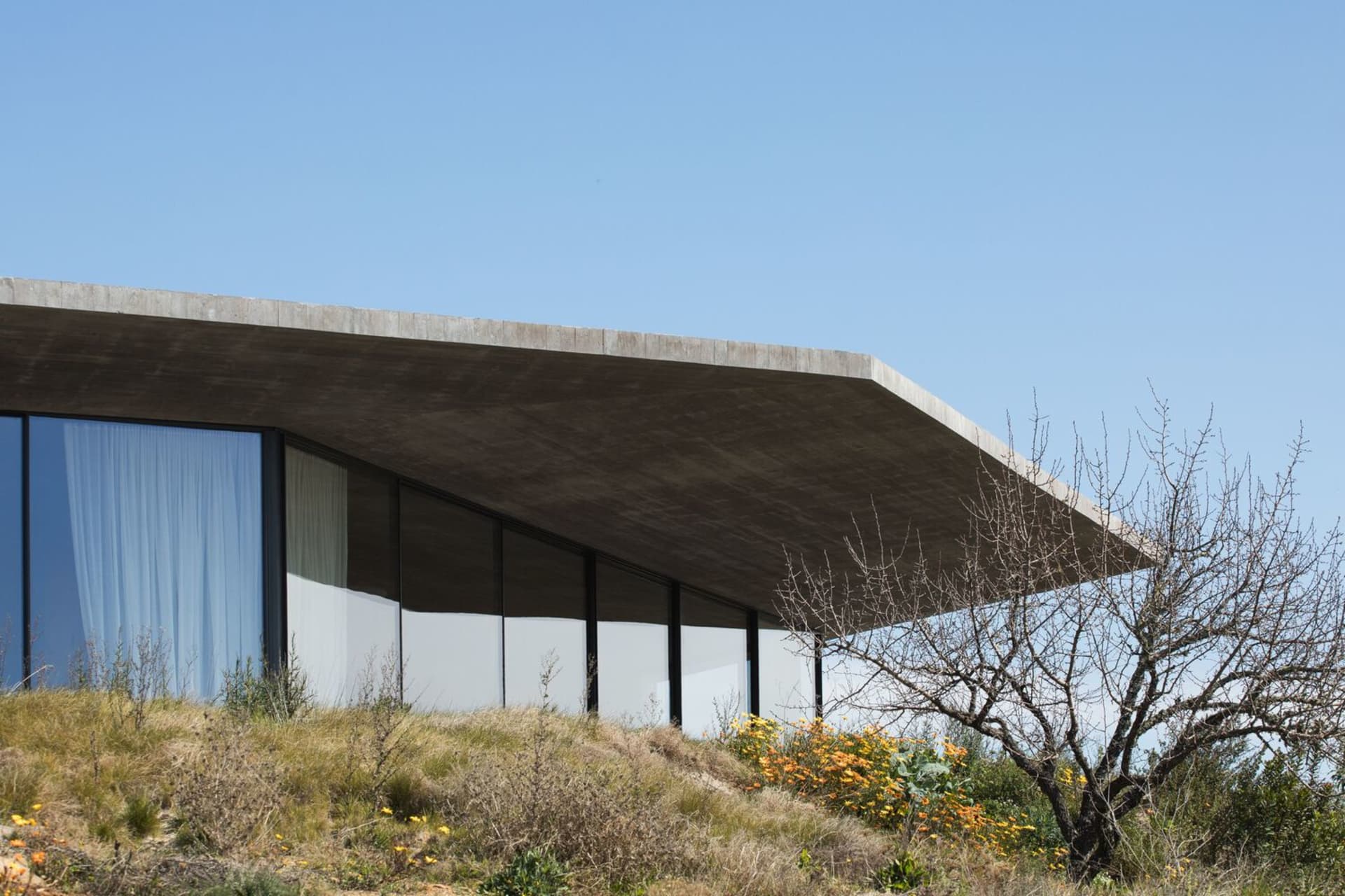 Modern residential building with concrete exterior and large glass windows.