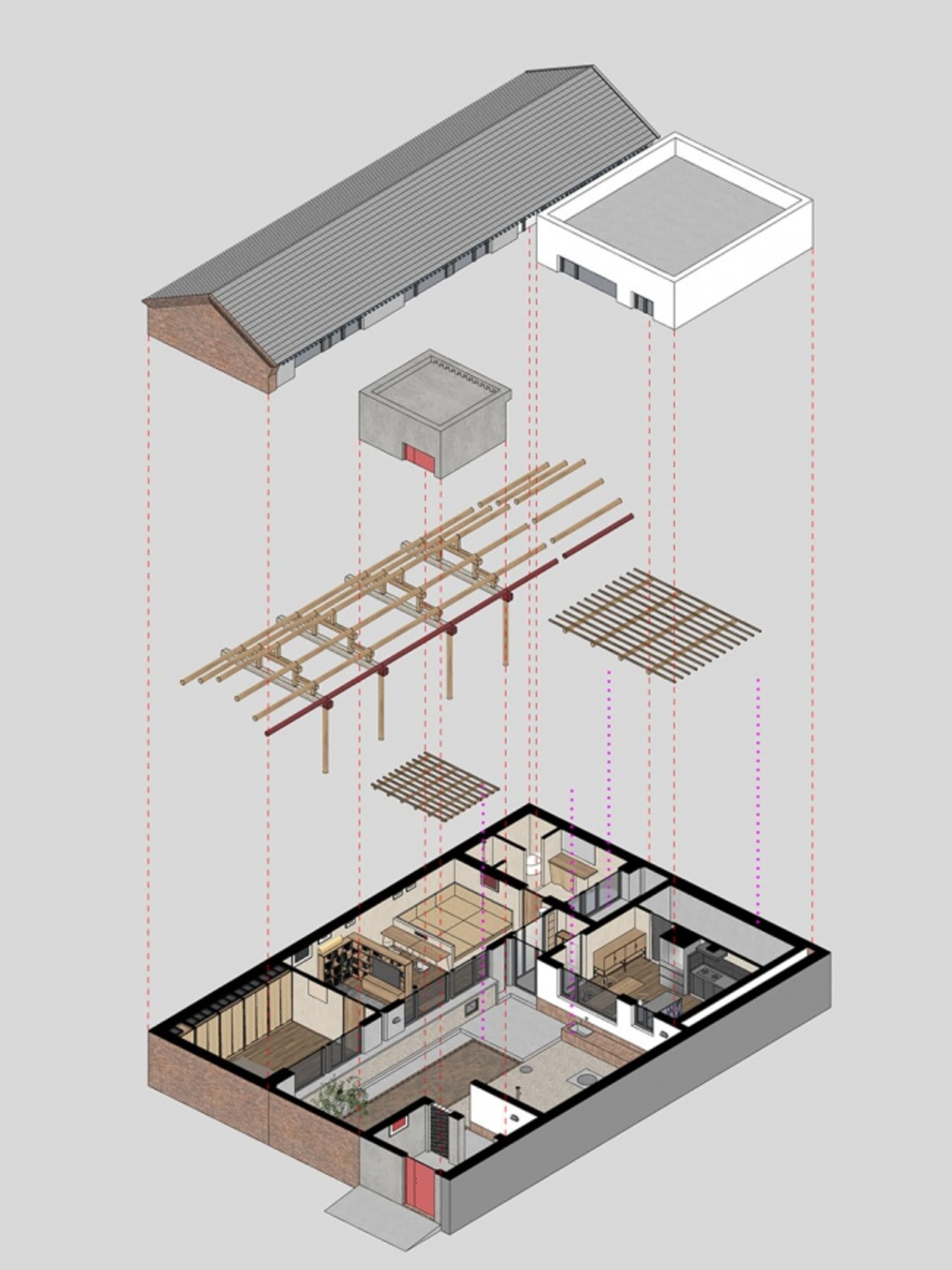 An architectural rendering of a house interior showing the structural layout, materials, and design elements.