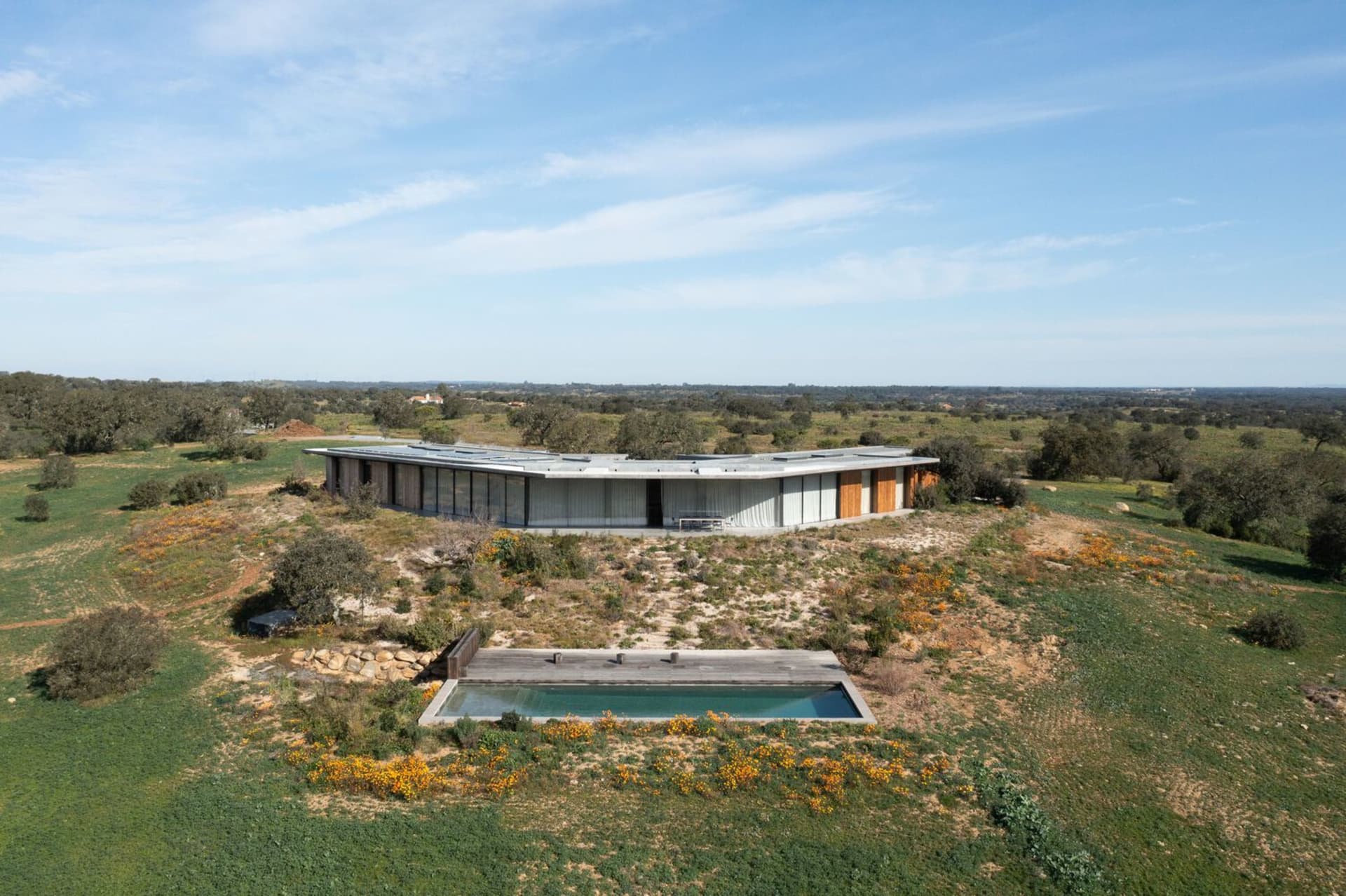 Aerial view of a modern residential house with a flat roof and a swimming pool surrounded by greenery.