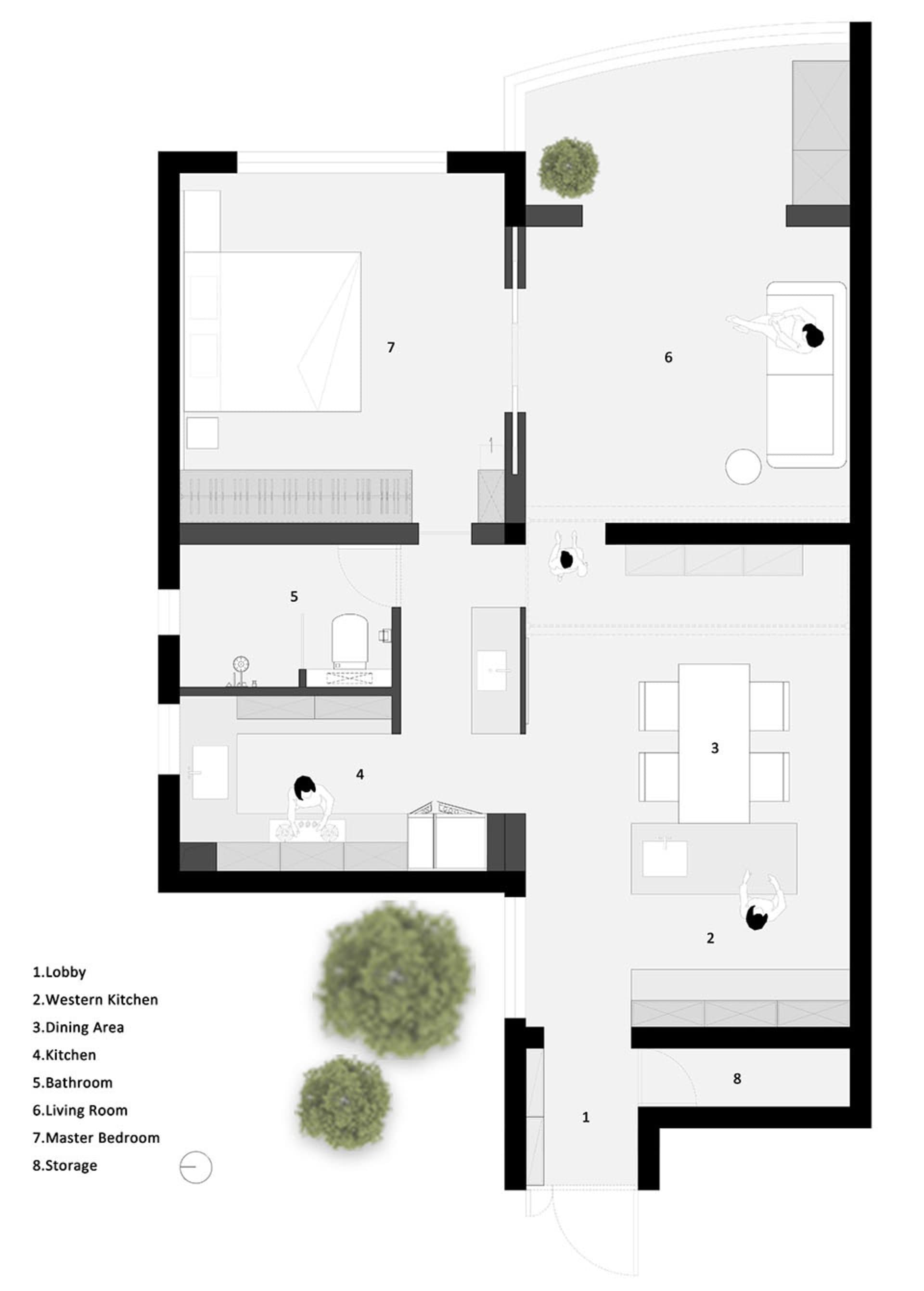 Modern residential floor plan with living room, kitchen, bathroom, and bedrooms.