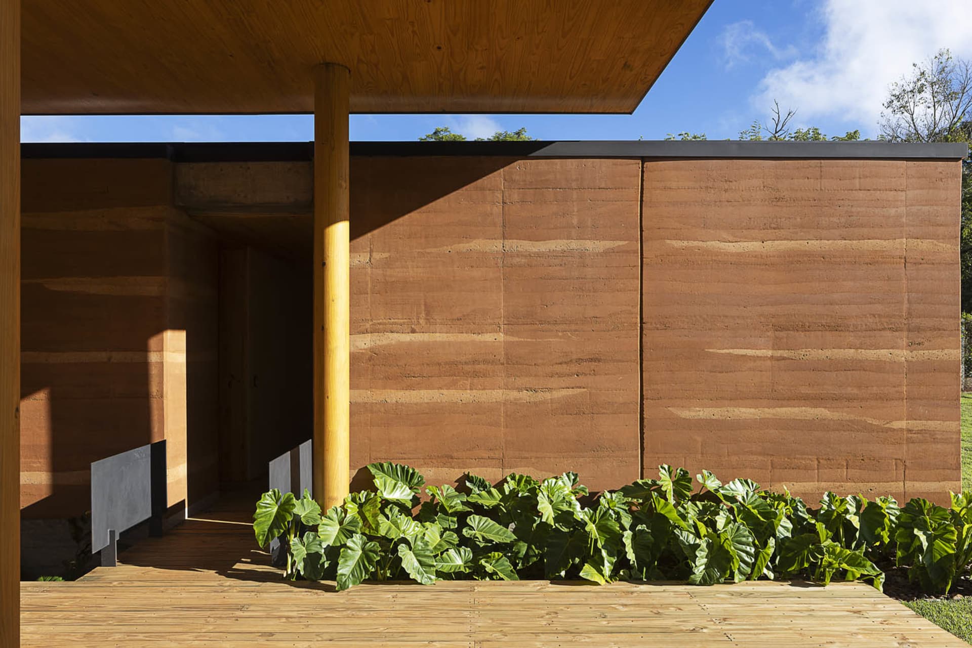 A modern exterior space featuring wooden architecture with green plants and a blue sky in the background.