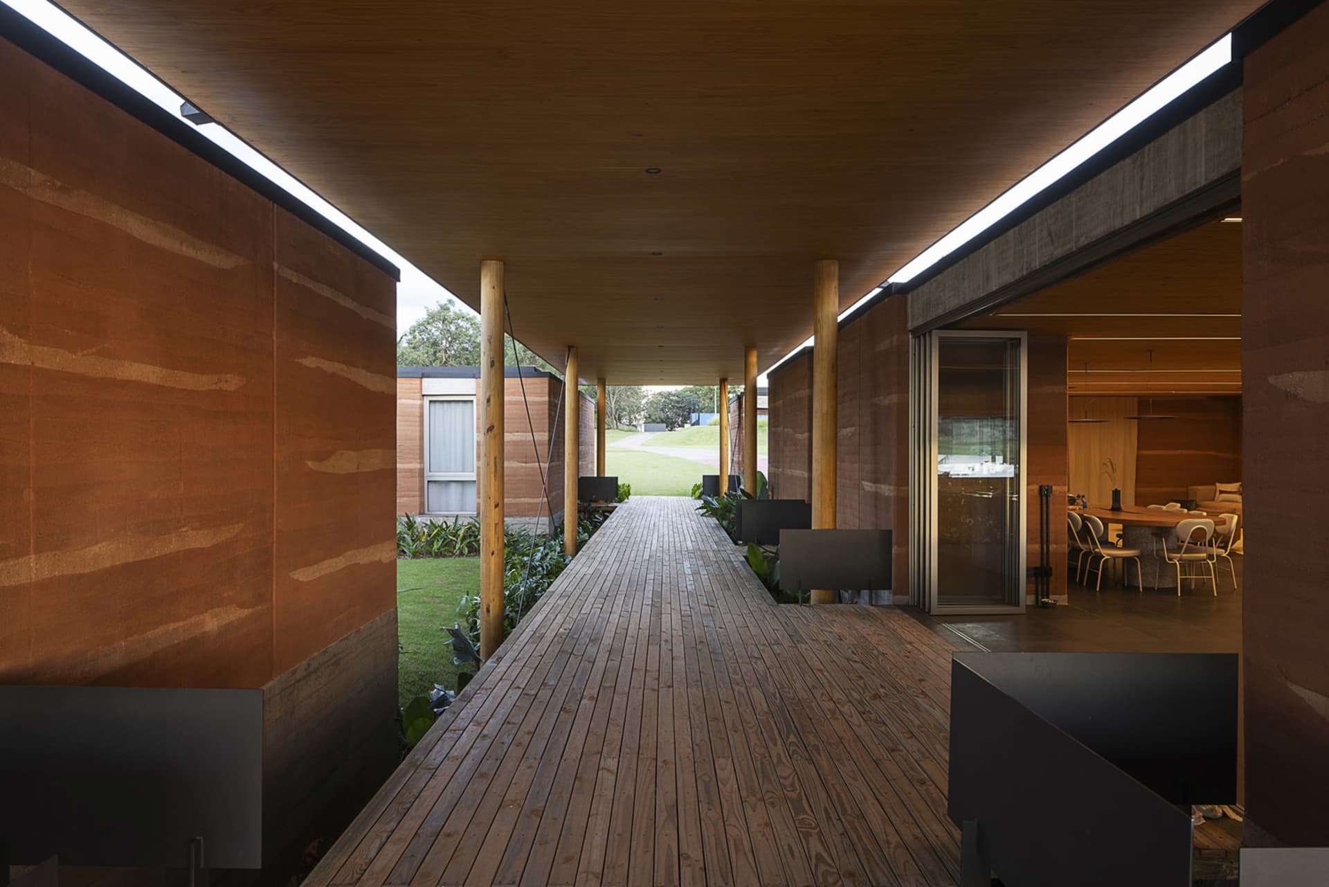 A modern residential interior featuring wooden elements.