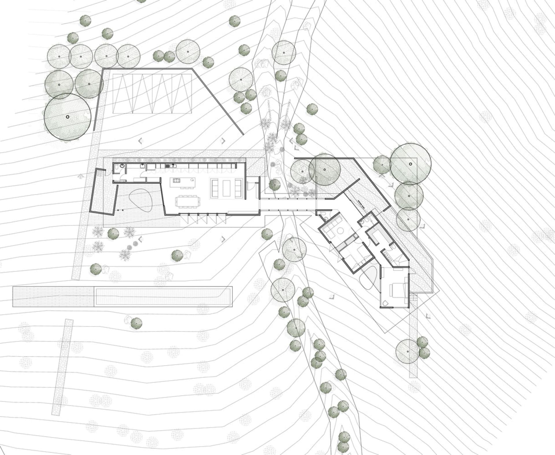 A detailed architectural floor plan of a house showing indoor and outdoor spaces.