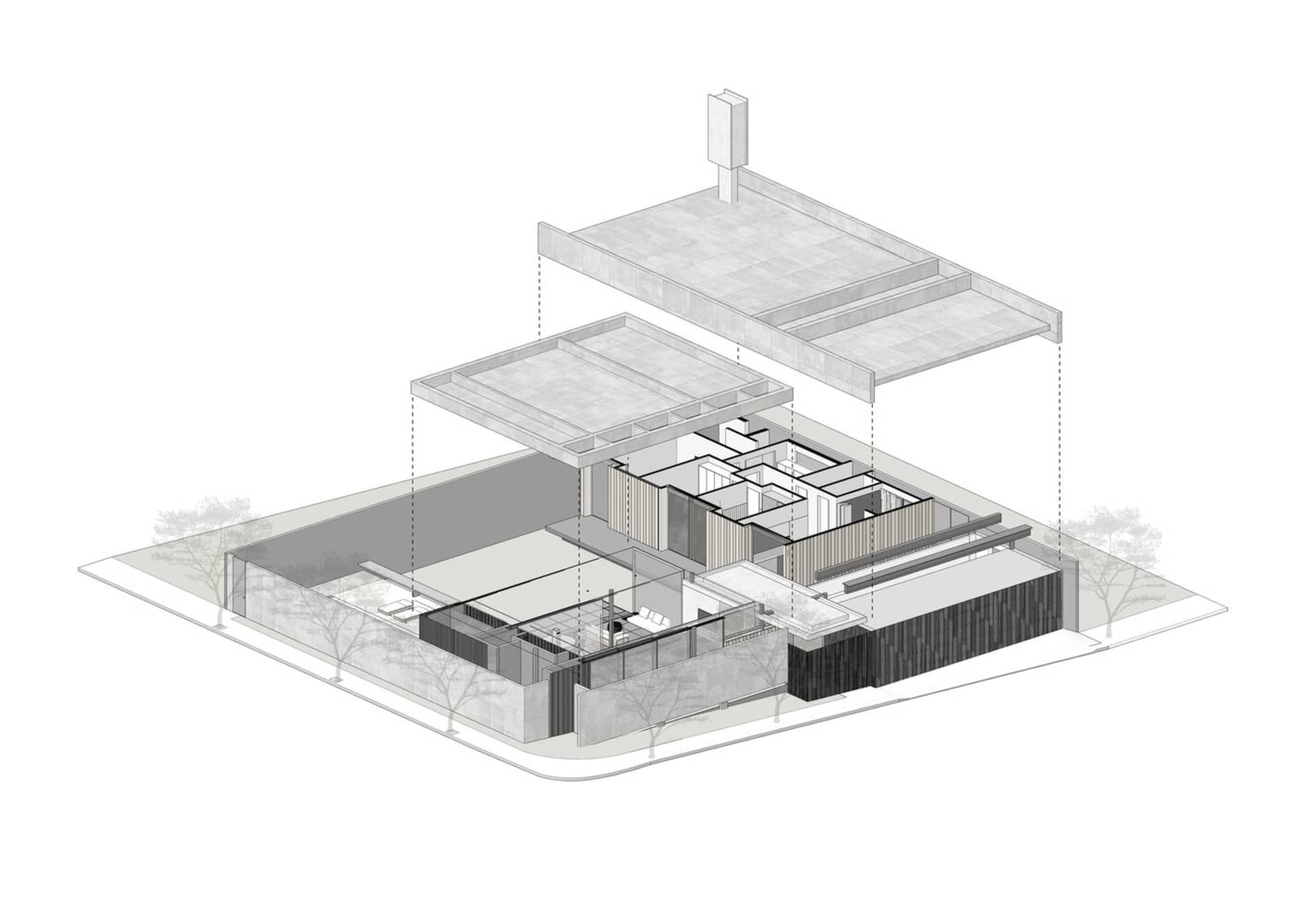 Minimalist house with concrete, glass, and metal materials, detailed floor plan.