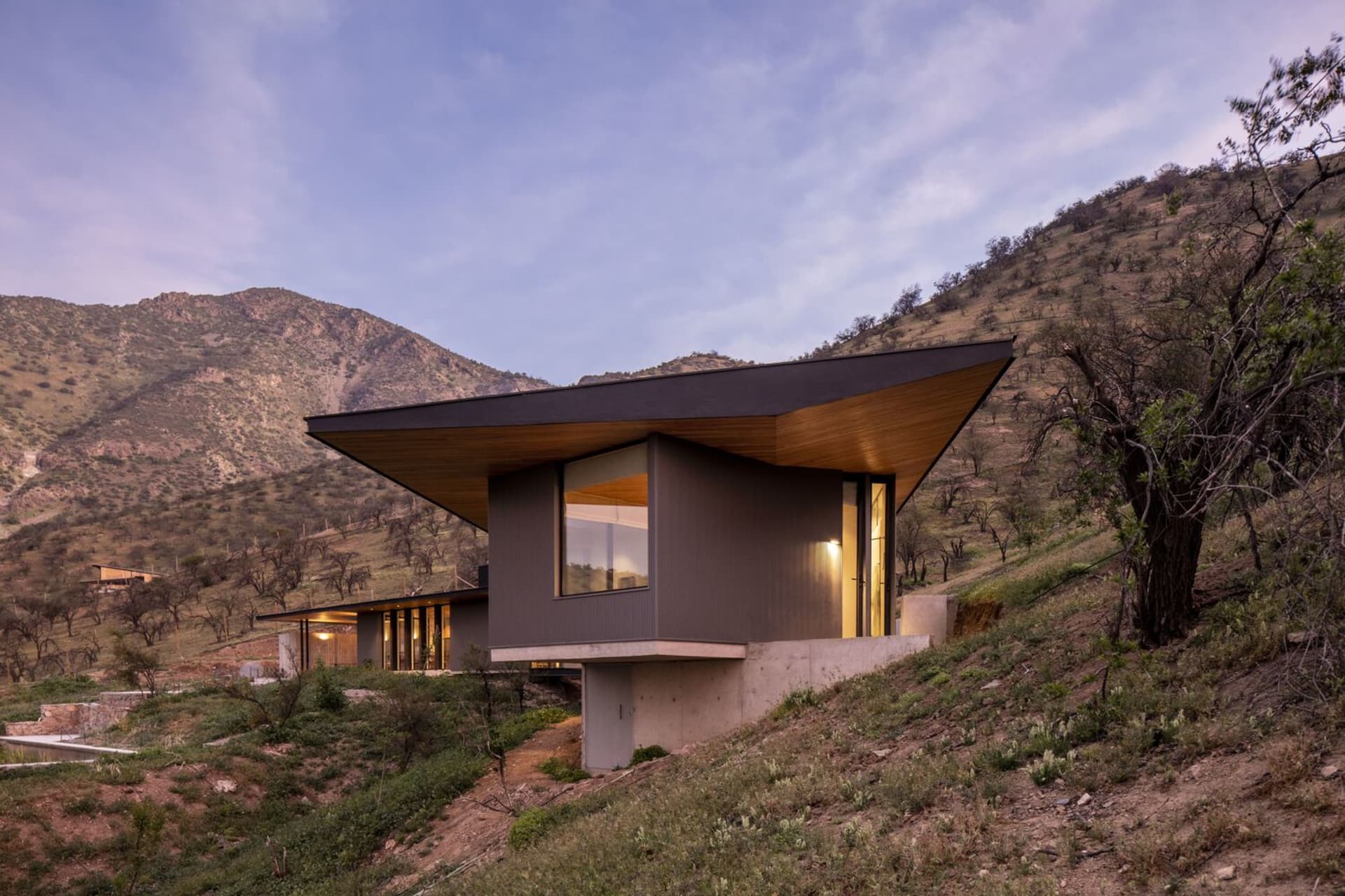 A modern, metal-clad house with a sloped roof on a hillside.