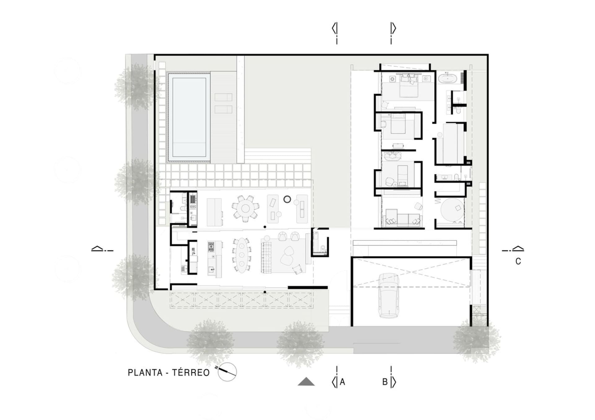 Modern residential floor plan featuring concrete materials and a minimalist design