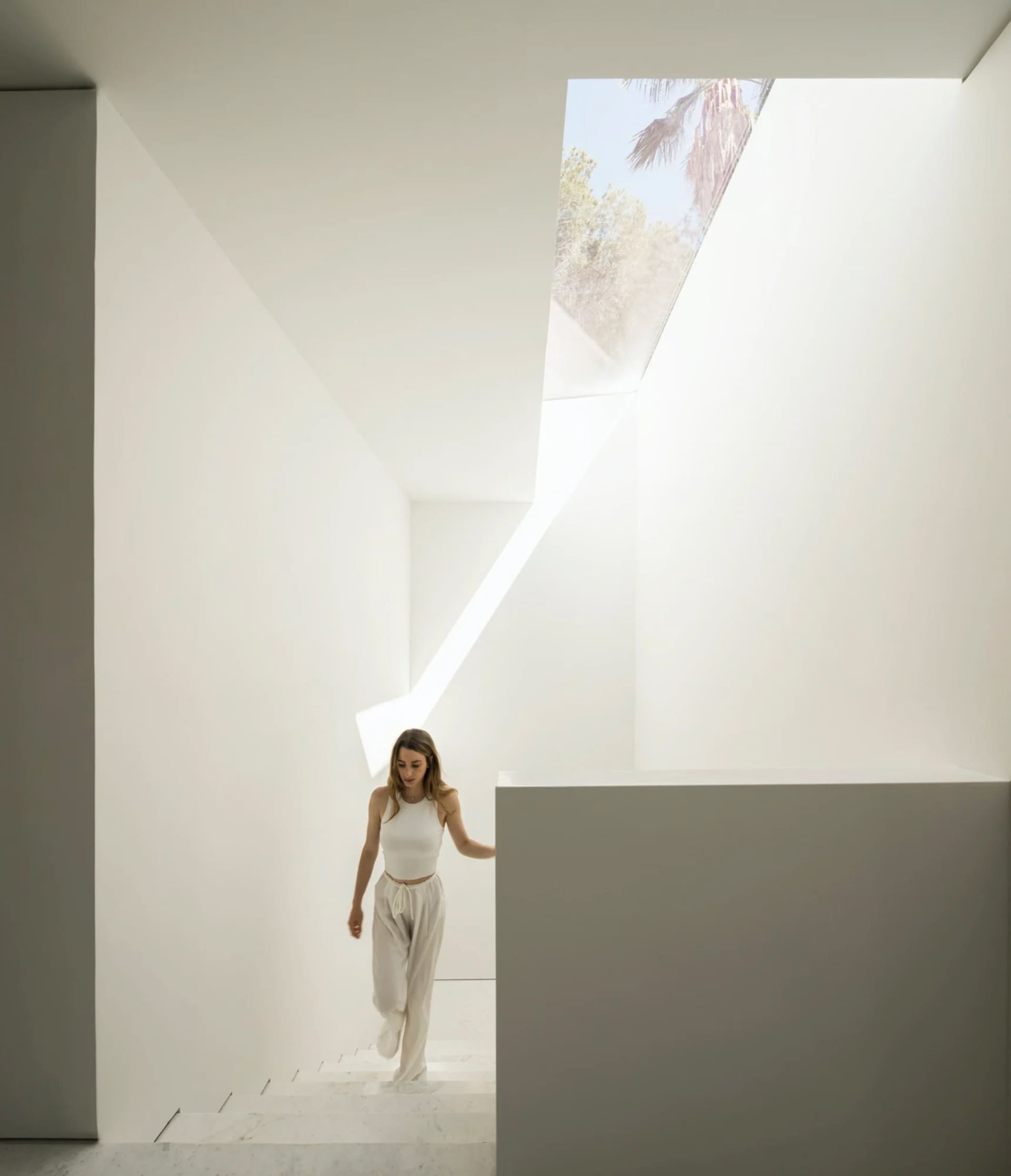 A minimalist white interior with a skylight and palm trees outside.
