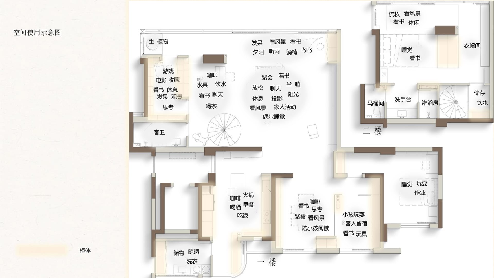 現代閣樓空間平面圖，包含客廳、廚房、餐廳與臥室等不同功能區域。
