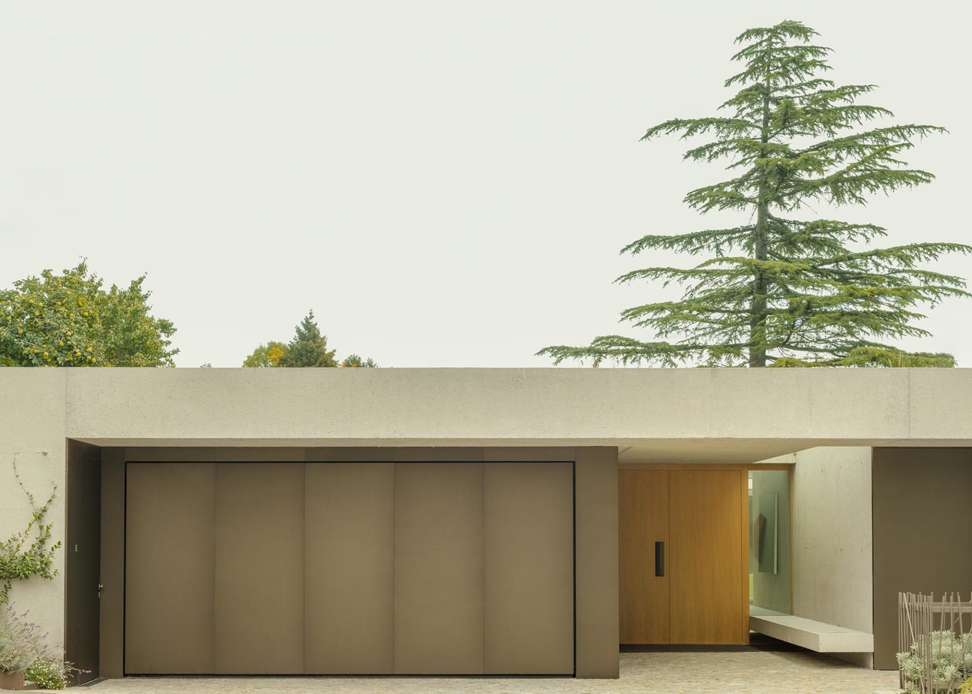 Modern residential home with concrete facade and minimalist design.