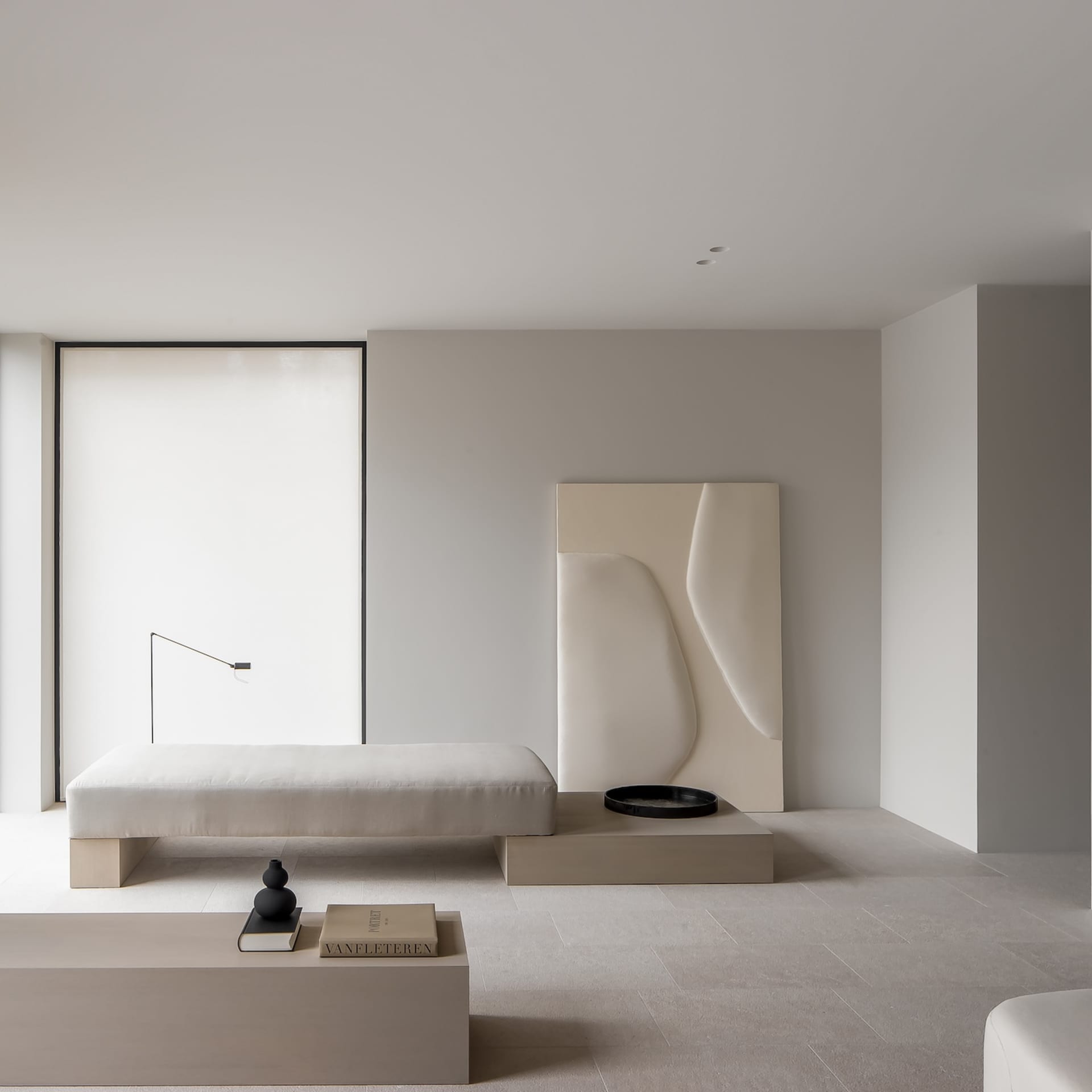 Modern interior living space with minimalist design and neutral color palette