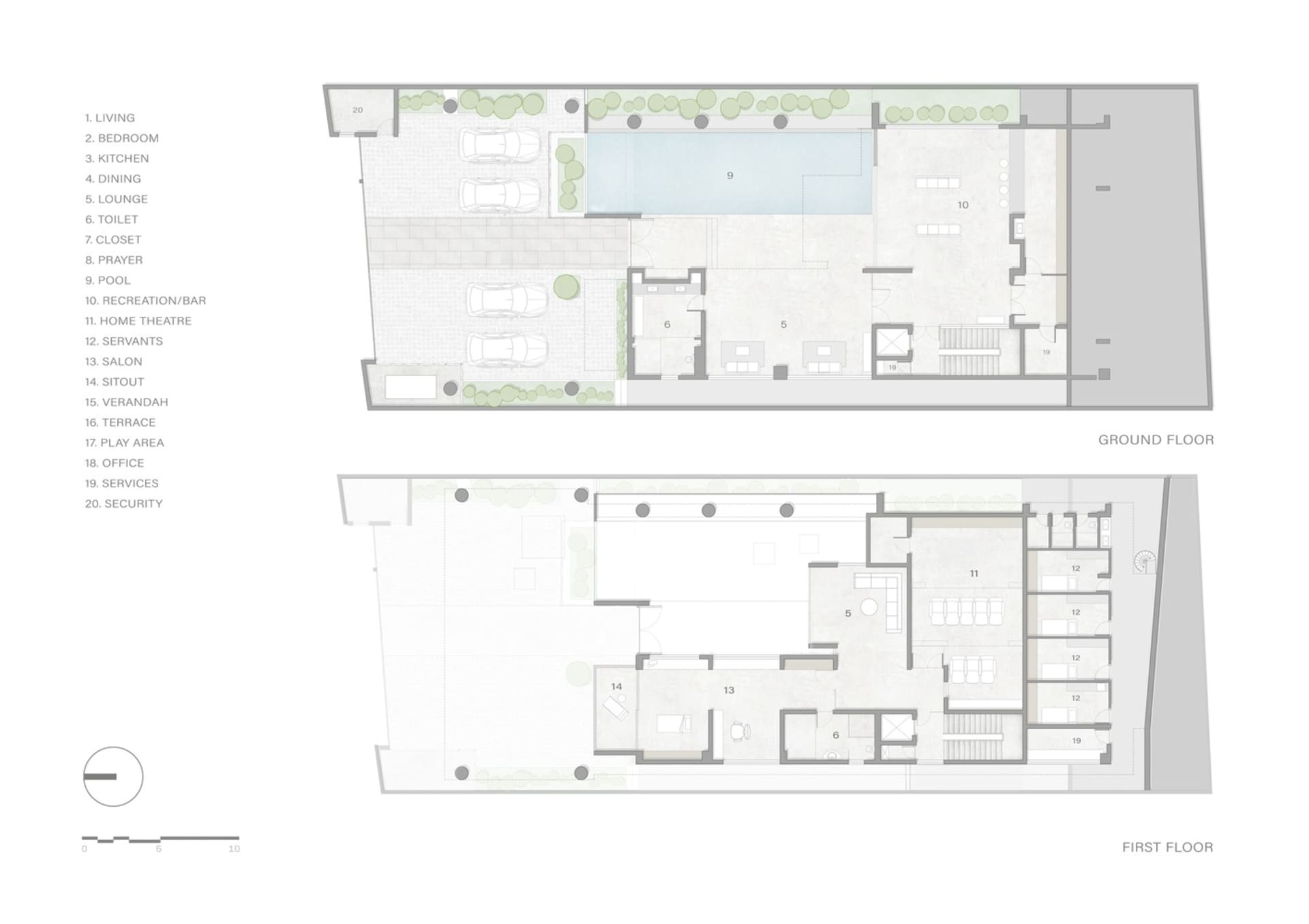 現代住宅建築的地面層與二樓平面配置，附有標示的房間與空間。