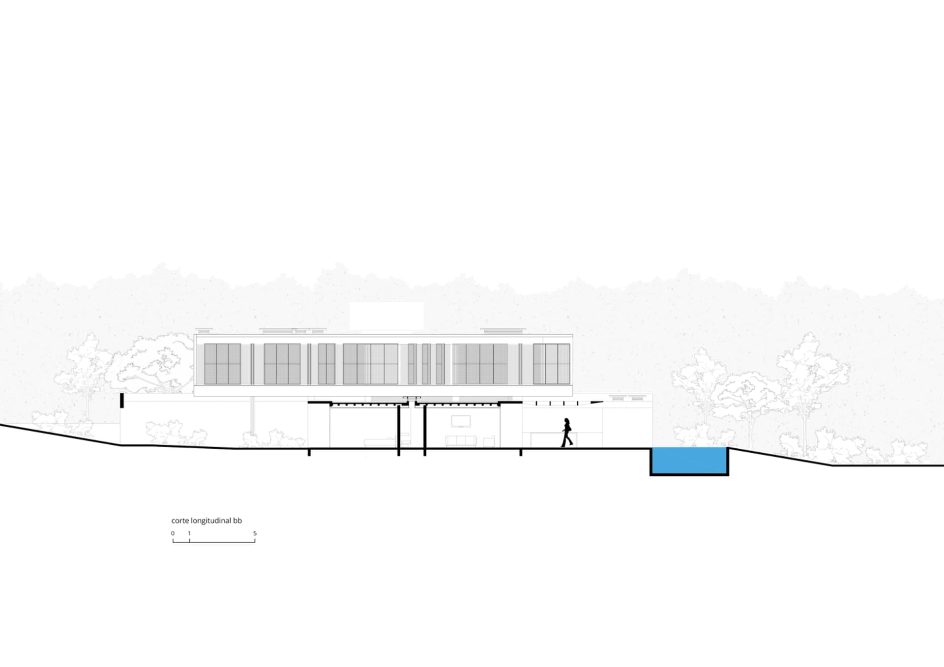 一棟現代住宅平面圖,採用混凝土與玻璃材質,展現當代建築設計。