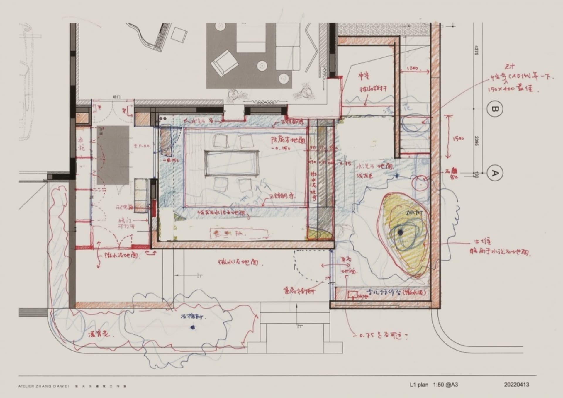 現代辦公室室內的詳細建築藍圖