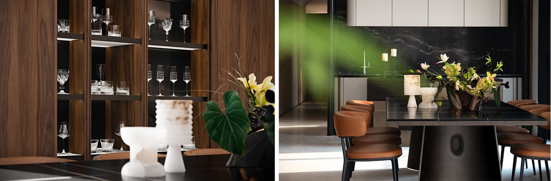 A modern kitchen with industrial design elements featuring wood, marble, and leather.