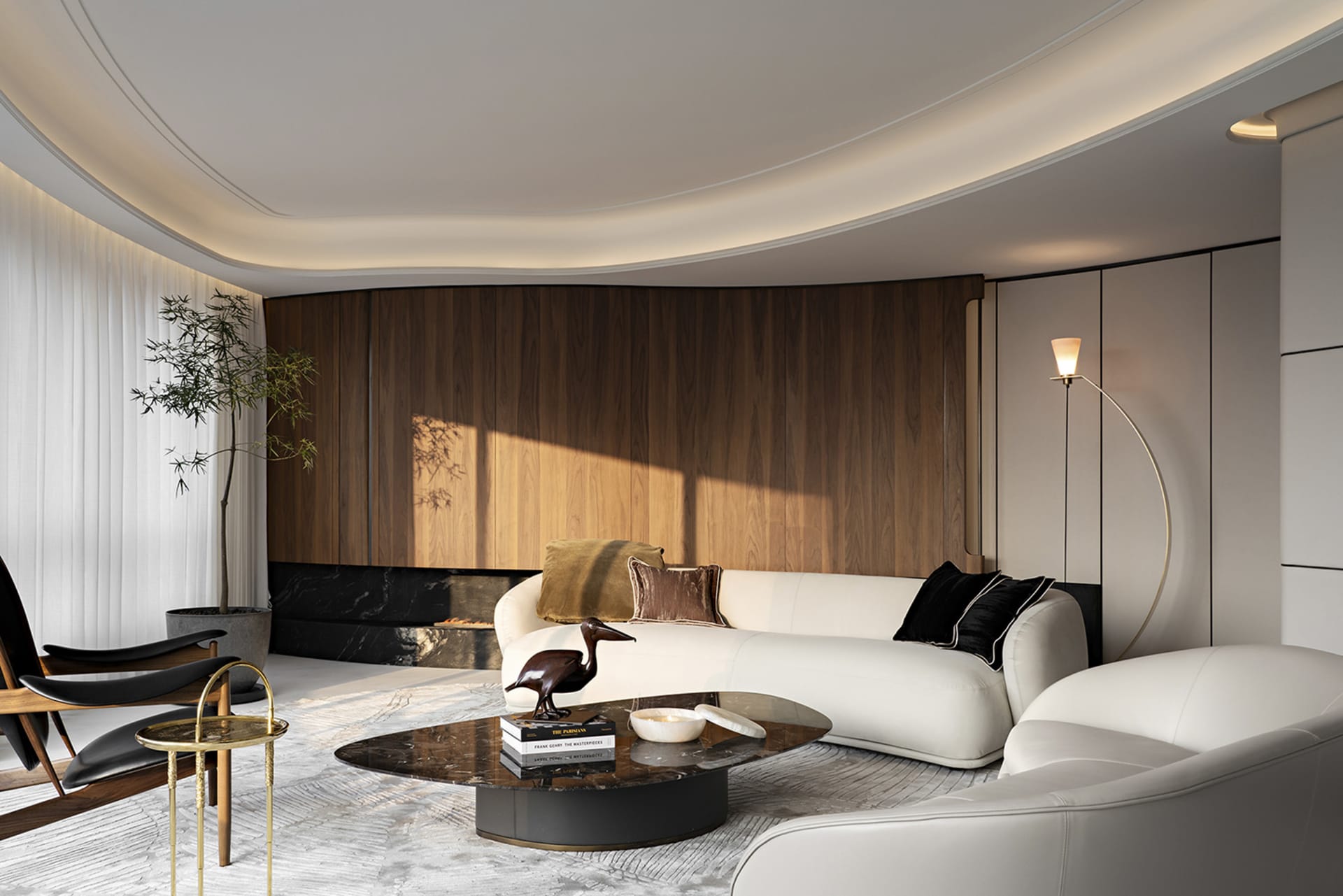 Modern living room with leather furniture, marble coffee table, and wooden accents
