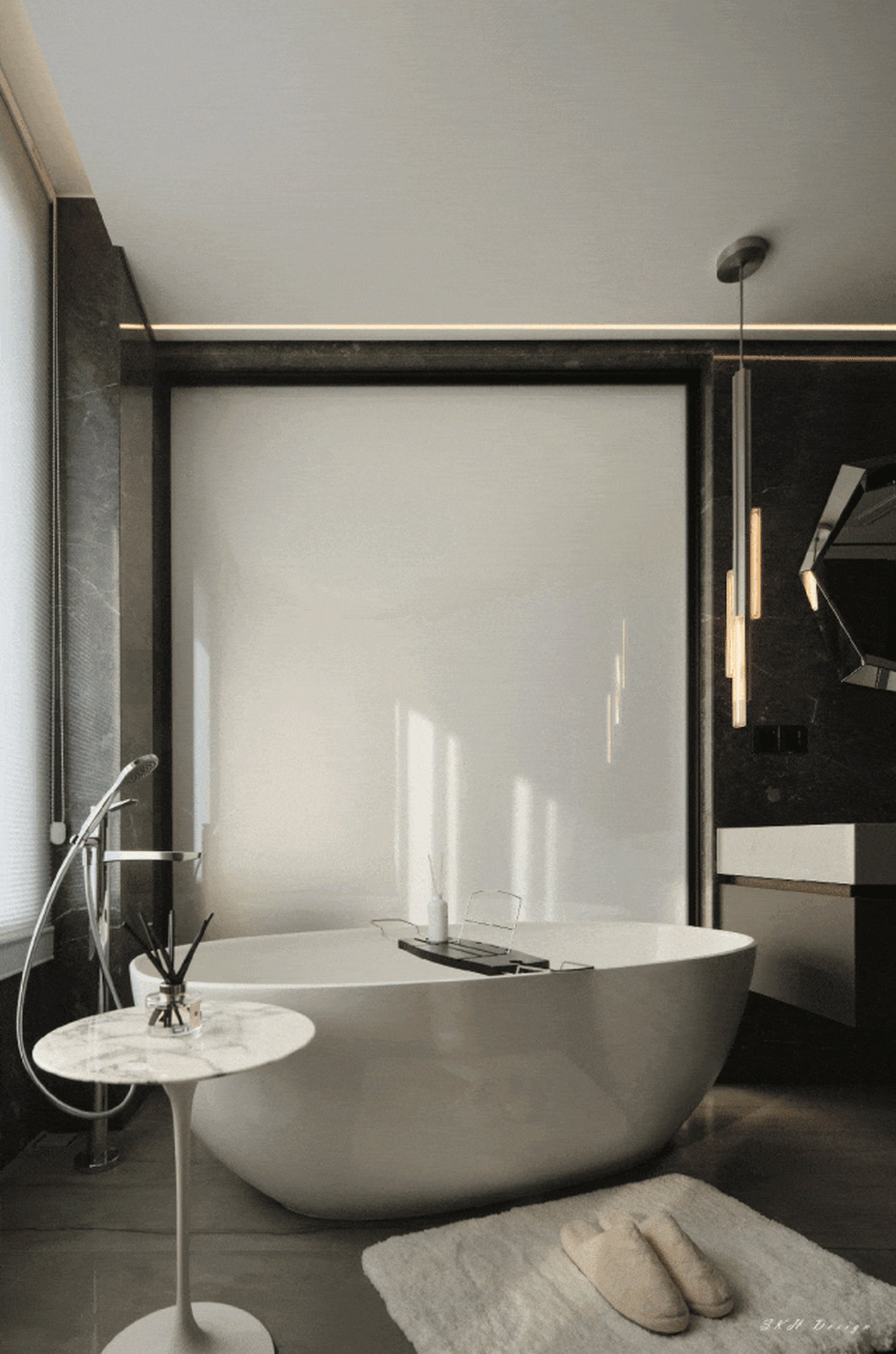 Modern bathroom with white marble bathtub, glass shower enclosure, and contemporary lighting fixtures.