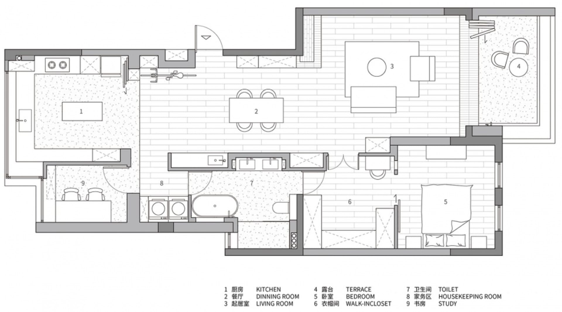 一個現代客廳空間平面圖，採用當代設計搭配混凝土地板。