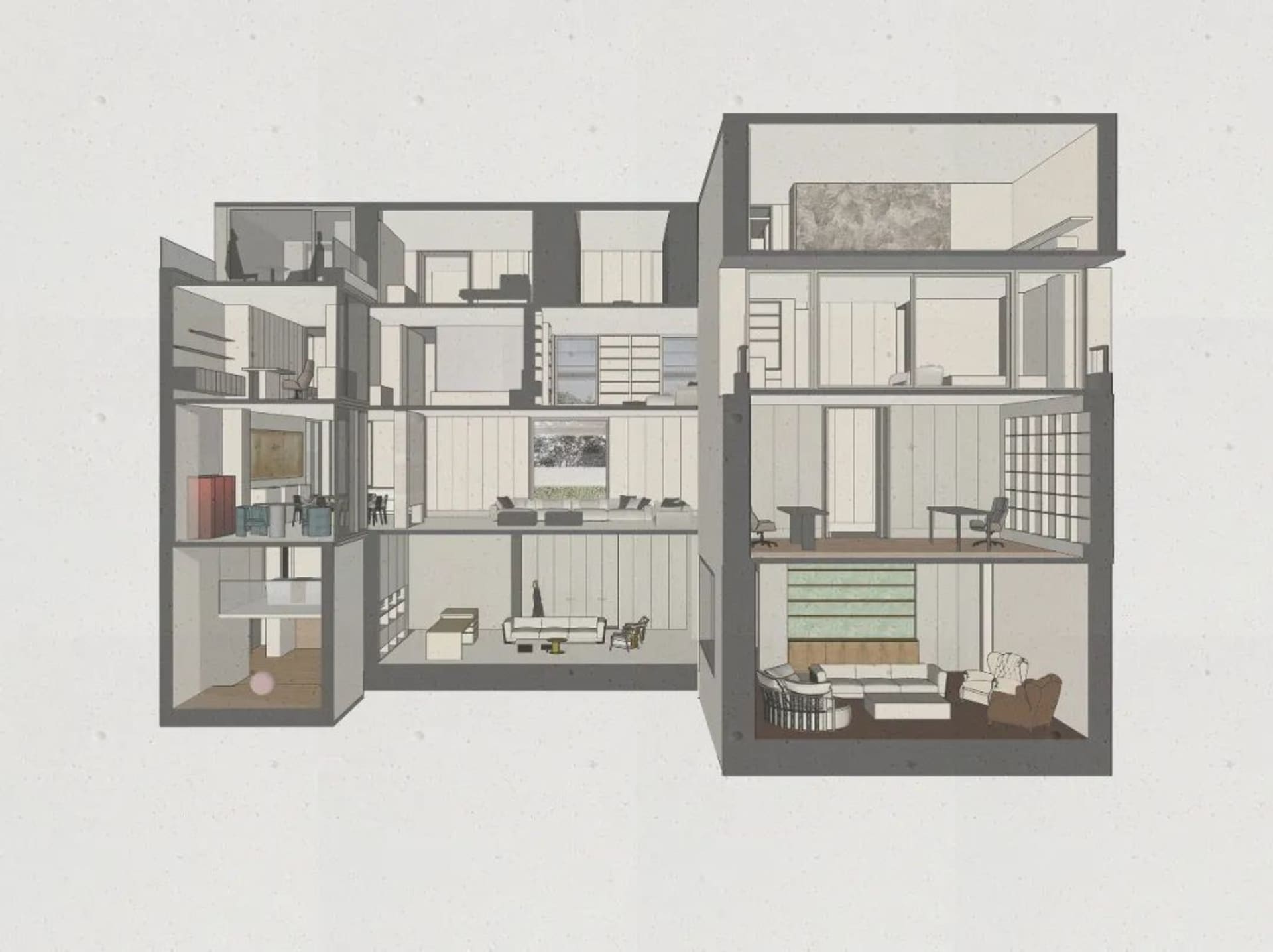 A modern living room with a minimalist design featuring sleek furniture and a neutral color palette.