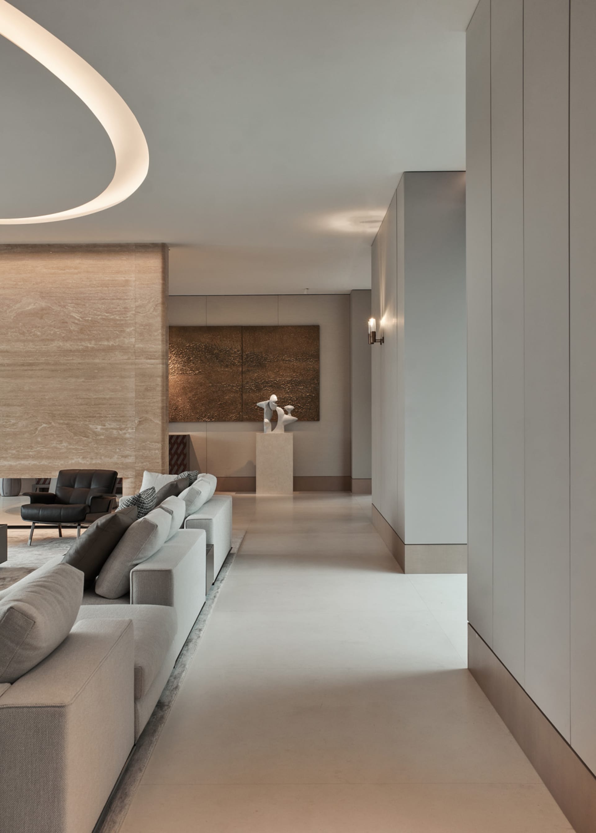 Modern living room with neutral colors and minimalistic design.