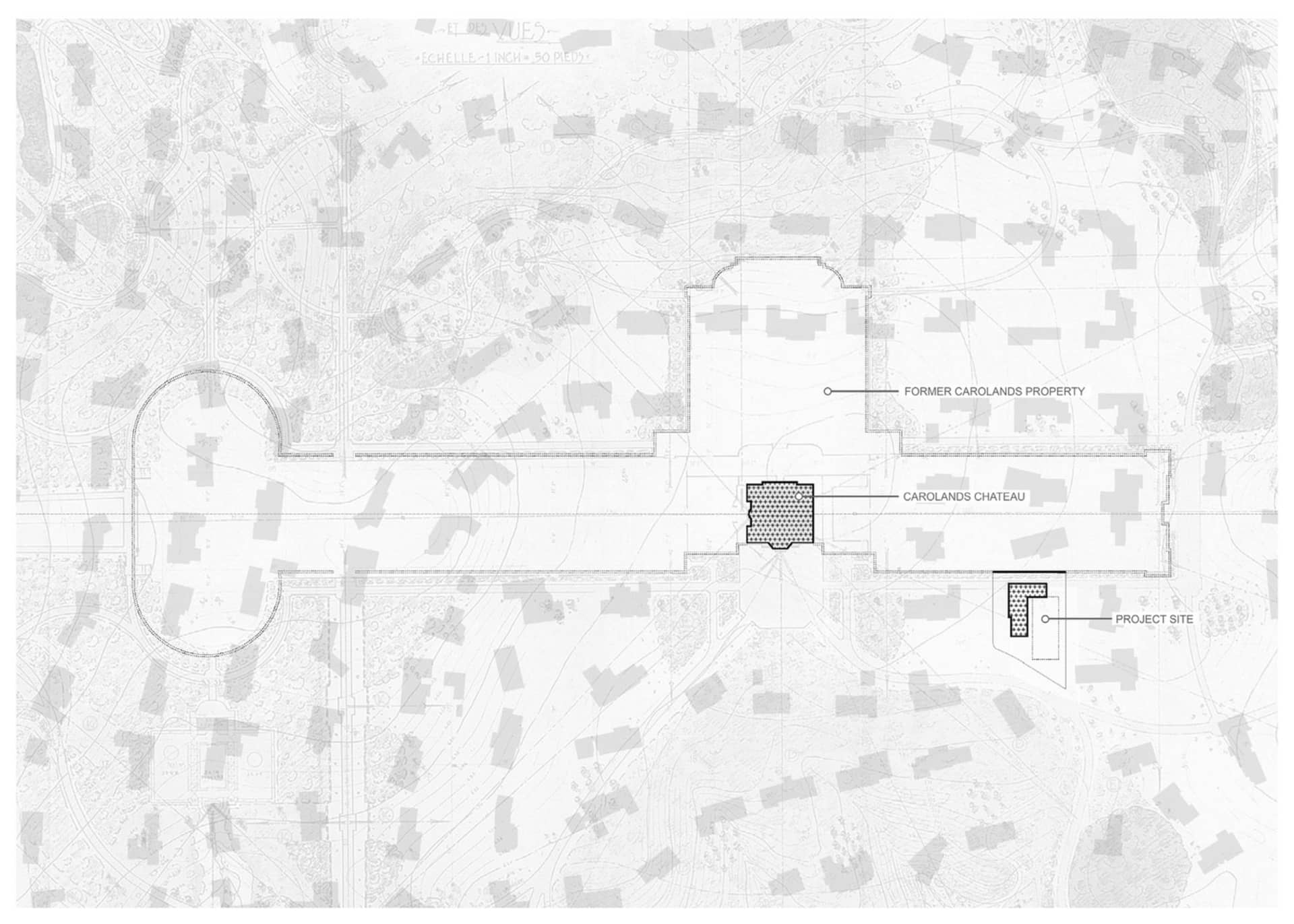 A black and white architectural drawing depicting the layout of a project site, including the Former Carolands Property, Caro