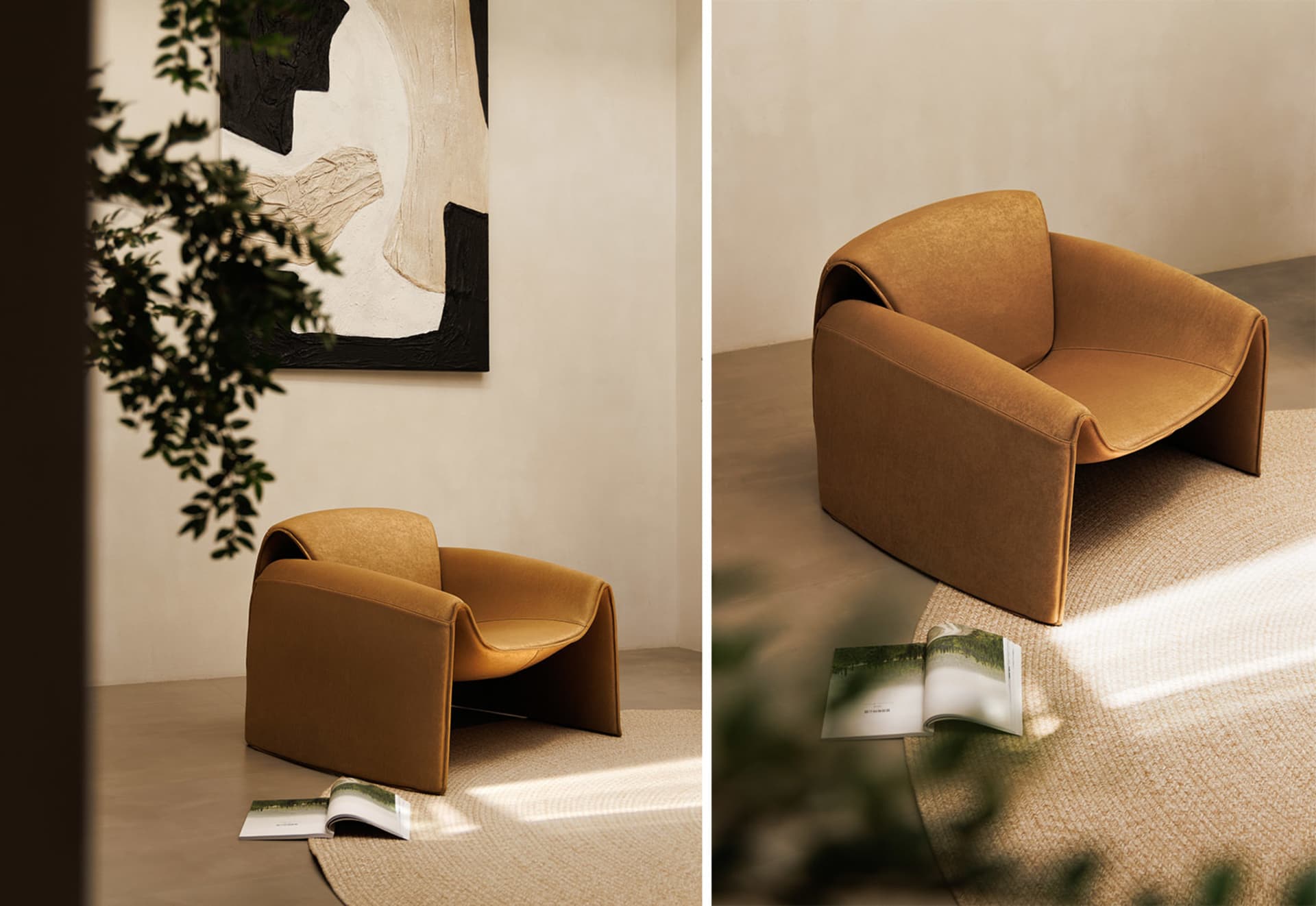 Modern living room with a cushioned chair, books, and a plant.