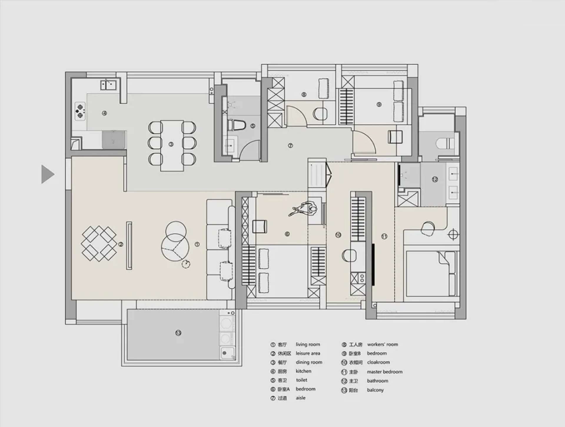 Floor plan of a modern apartment with grey tones and neutral-colored walls and furniture.
