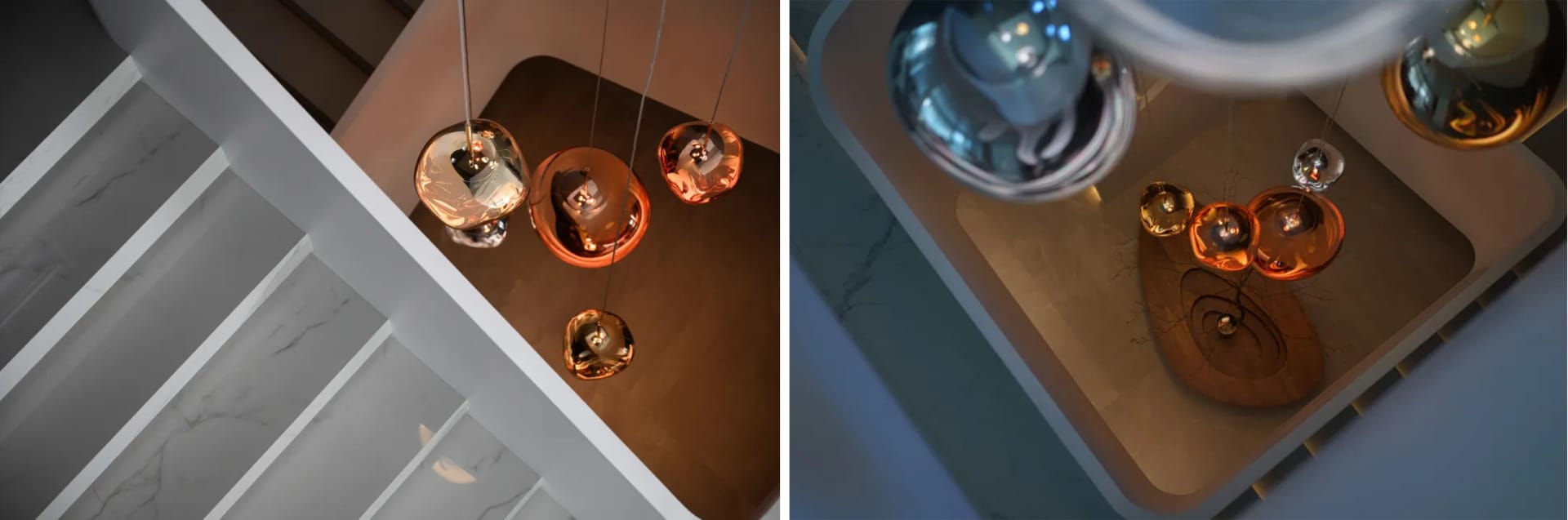 Multiple pendant lights suspended from a ceiling, featuring a warm, contemporary design with metallic finishes.