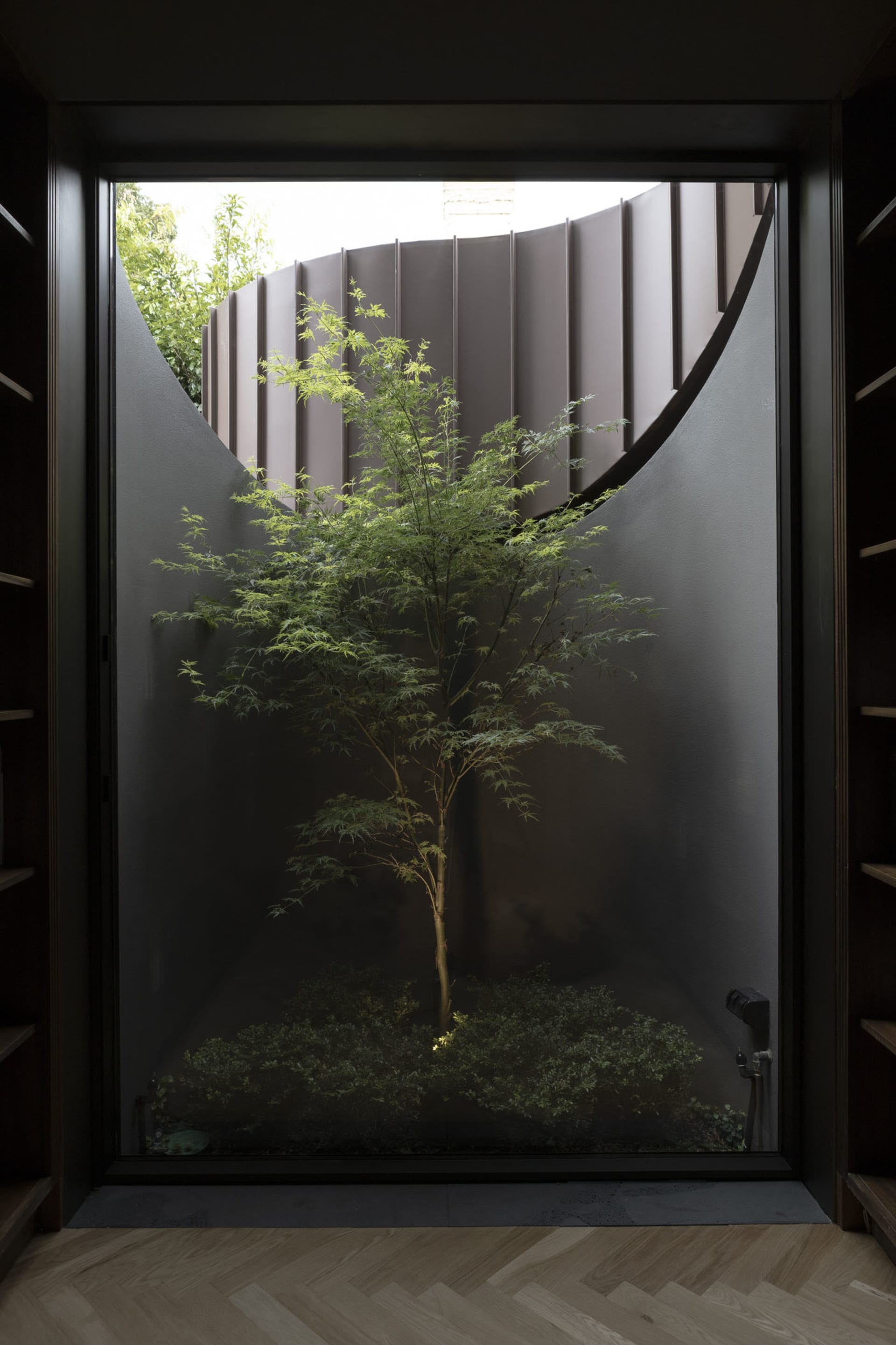 以深色弧形牆面框住玻璃窗的現代室內設計,展現優美風格。