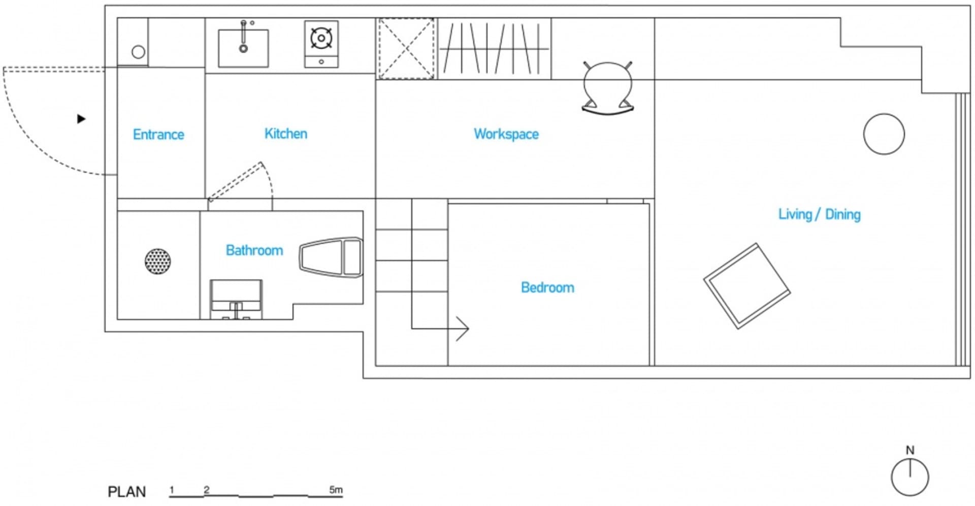 A black and white architectural floor plan of a modern small space, featuring a workspace, kitchen, living/dining, bedroom, a