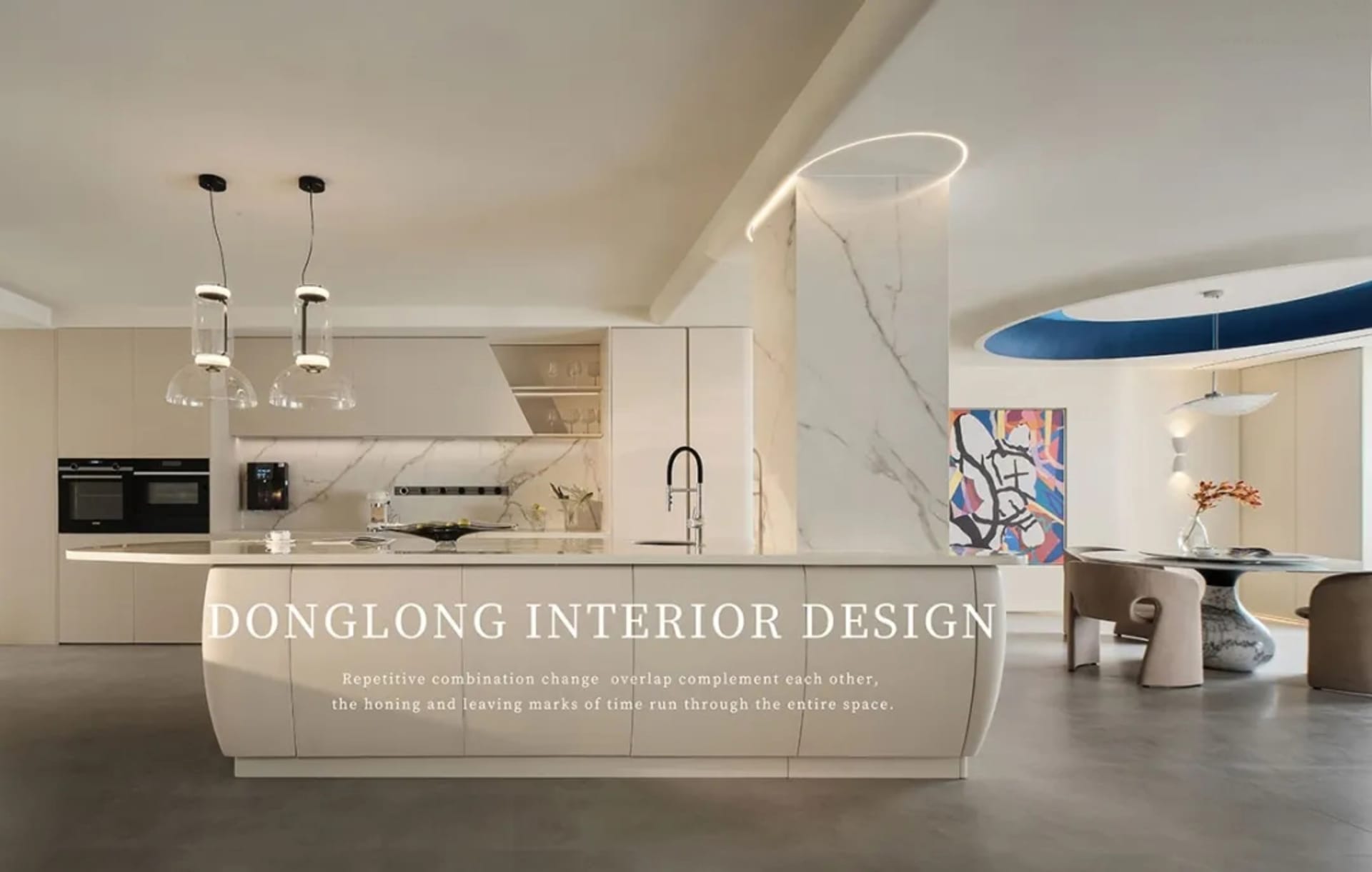 Contemporary residential kitchen featuring a large marble island with pendant lights and high-end appliances.