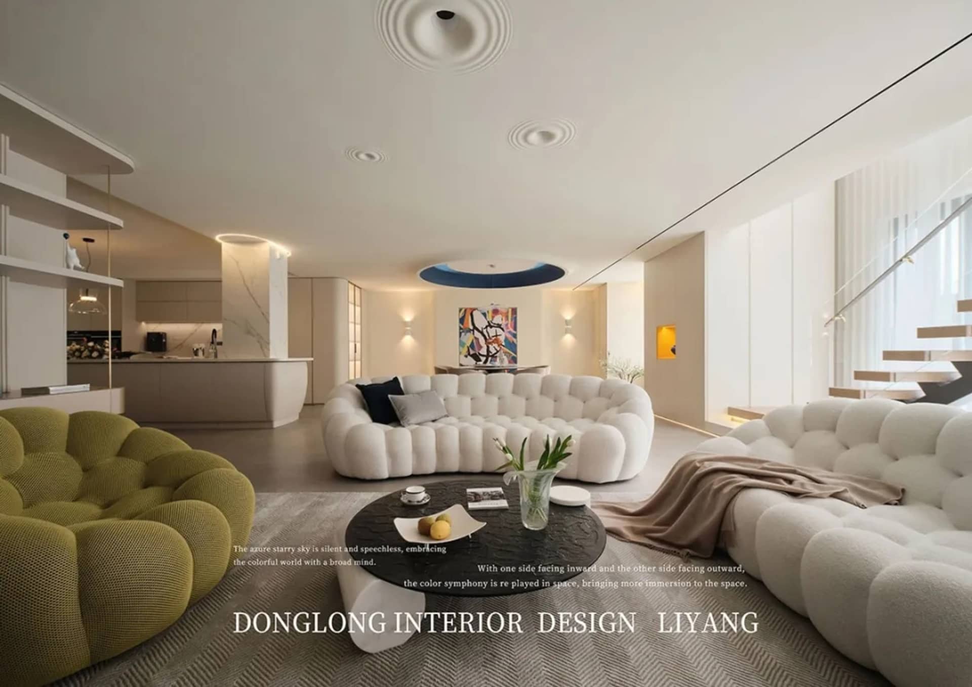 Modern living room featuring a textured fabric sofa, round coffee table, and abstract painting on the wall.