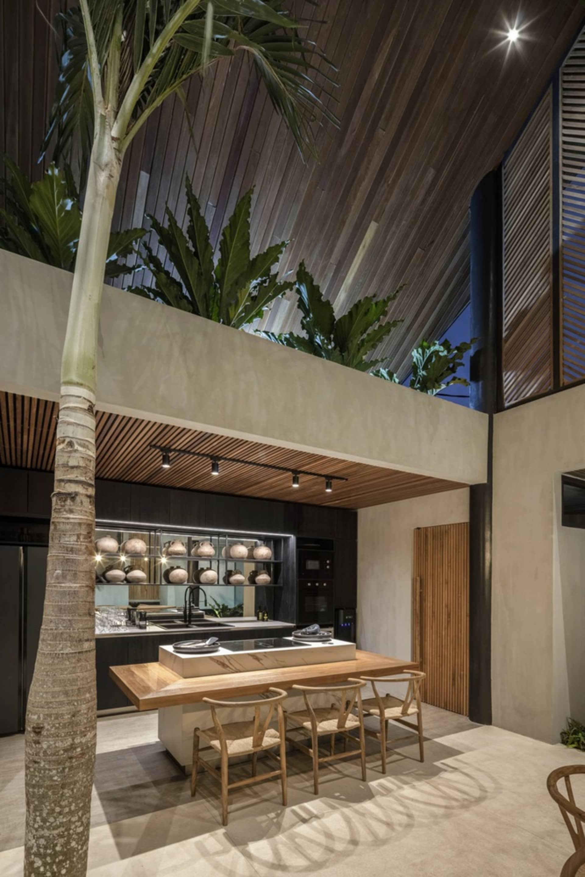 Modern kitchen with wood accents, concrete countertops, and palm tree