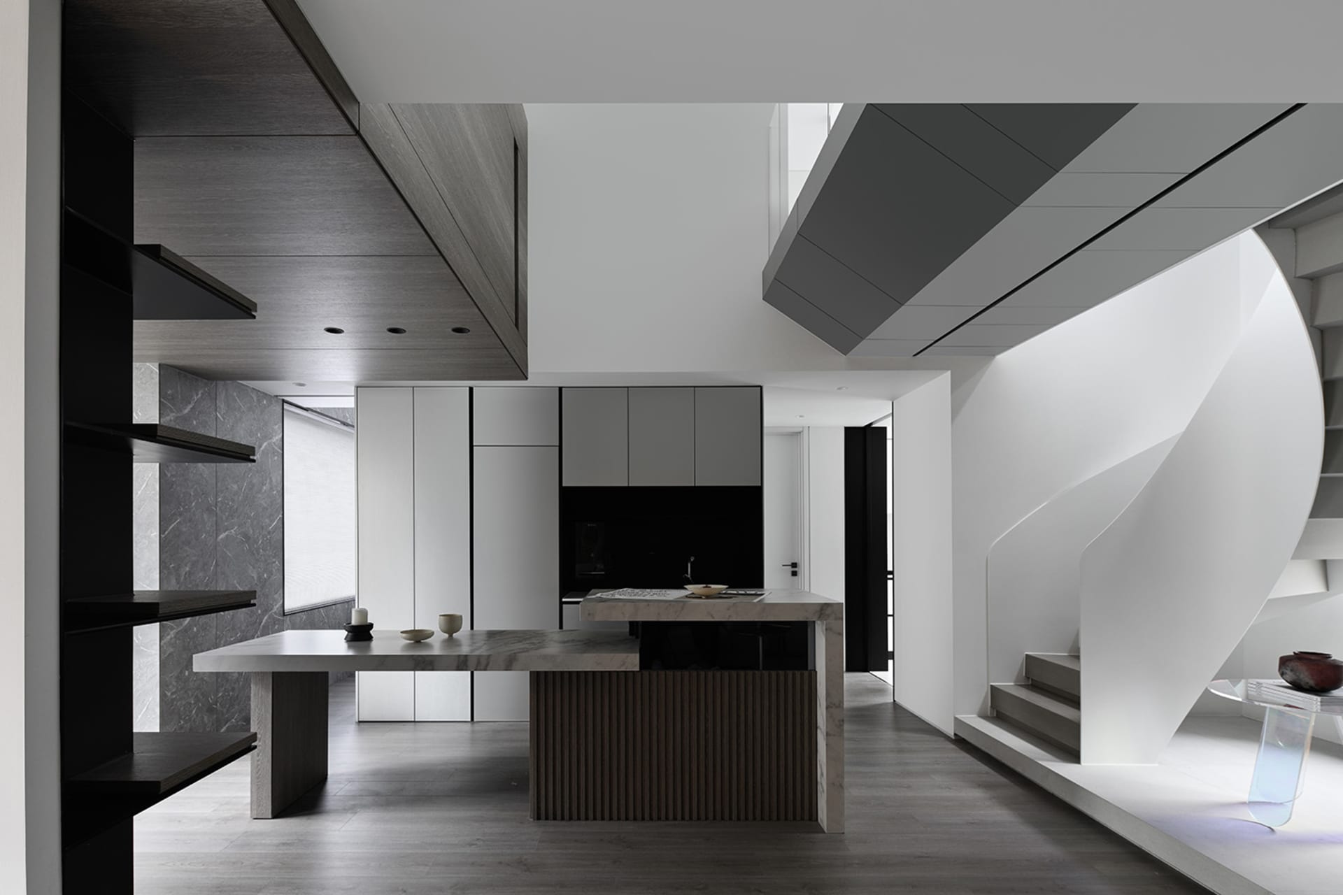 Modern kitchen with white minimalist design and integrated appliances