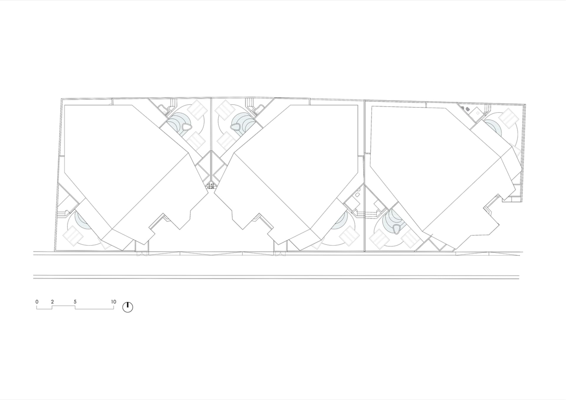 A modern office layout depicted in a line drawing on paper and ink.
