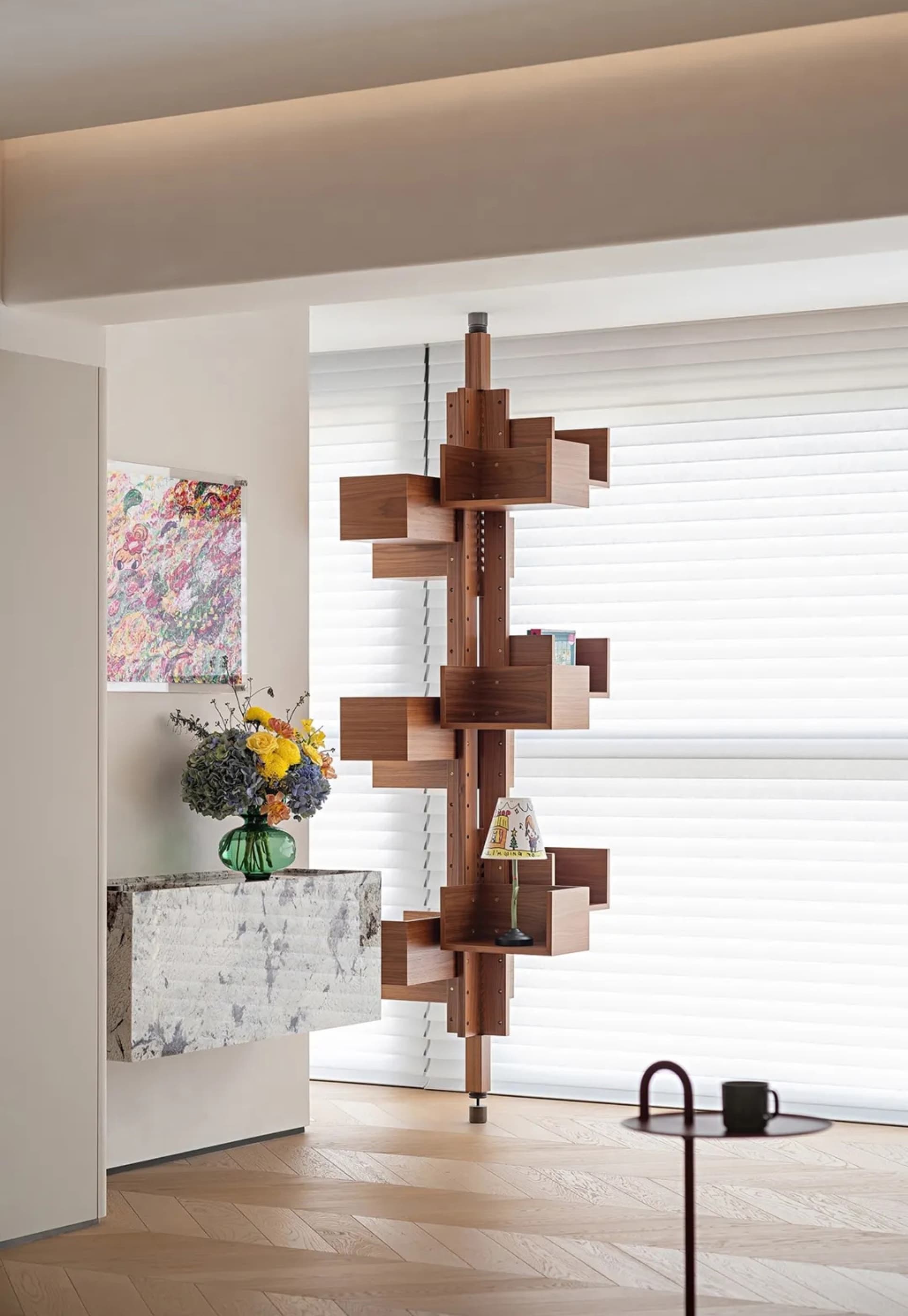 A modern industrial living room cabinet made of wood with a unique design.