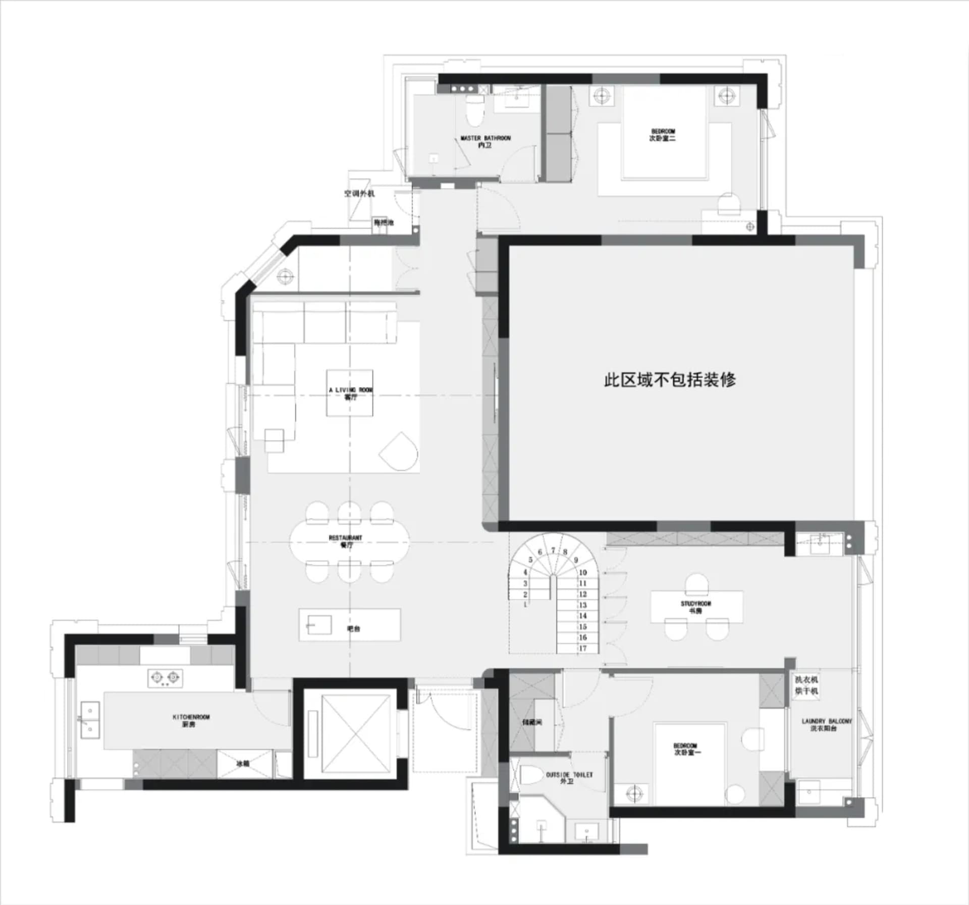 Floor plan of a modern residential building with multiple rooms and amenities.