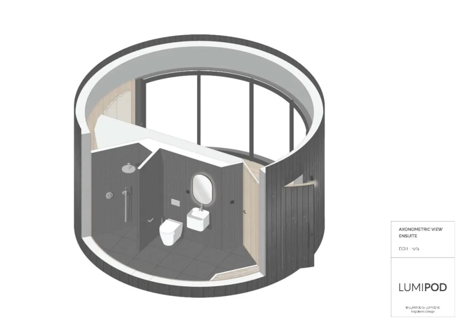 x-section view of a modern bathroom with black wood walls and floor, a walk-in shower, and a floating vanity.