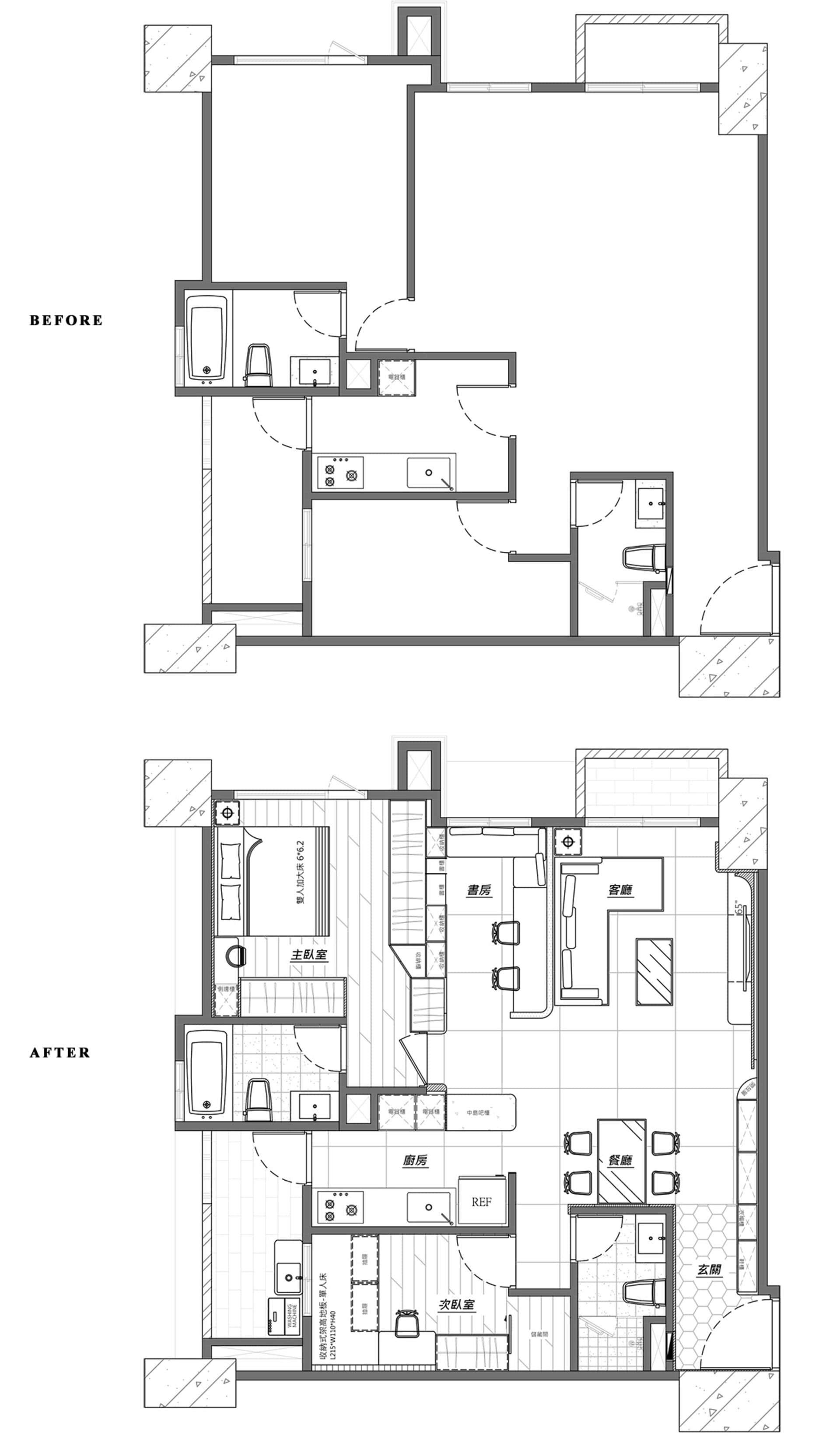 一張比較式平面圖,呈現住宅建築室內格局的變化。