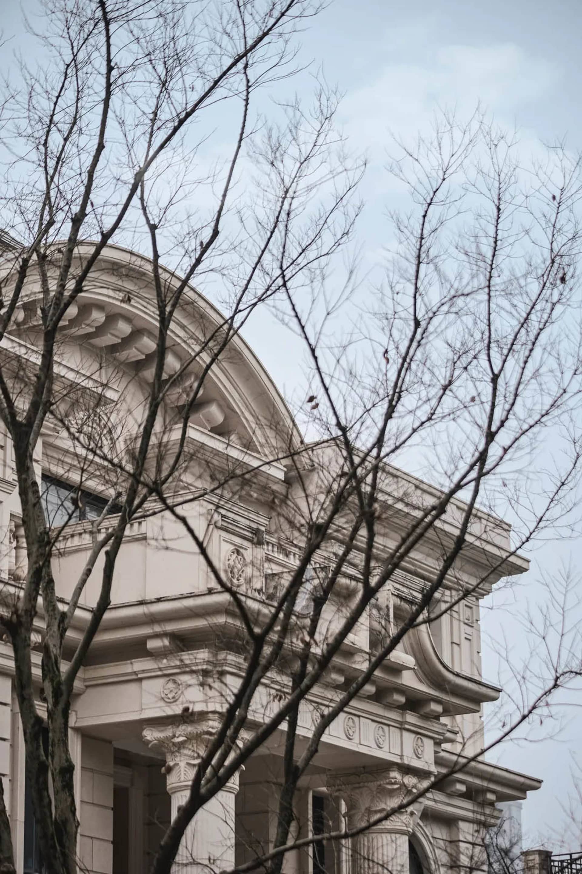 古典建築外牆特寫,搭配石柱與裝飾性建築元素。