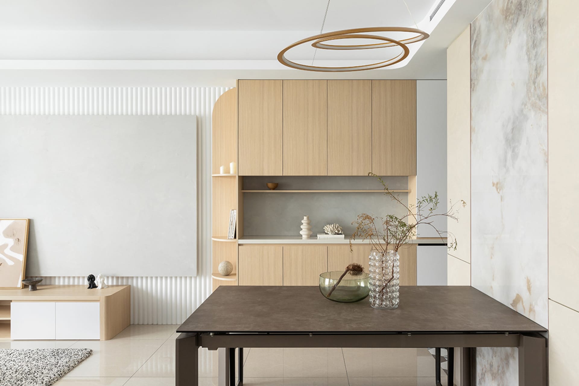 White walled and flooring interior with modern wooden furniture and decor, minimalist design, and a combination of wood and m