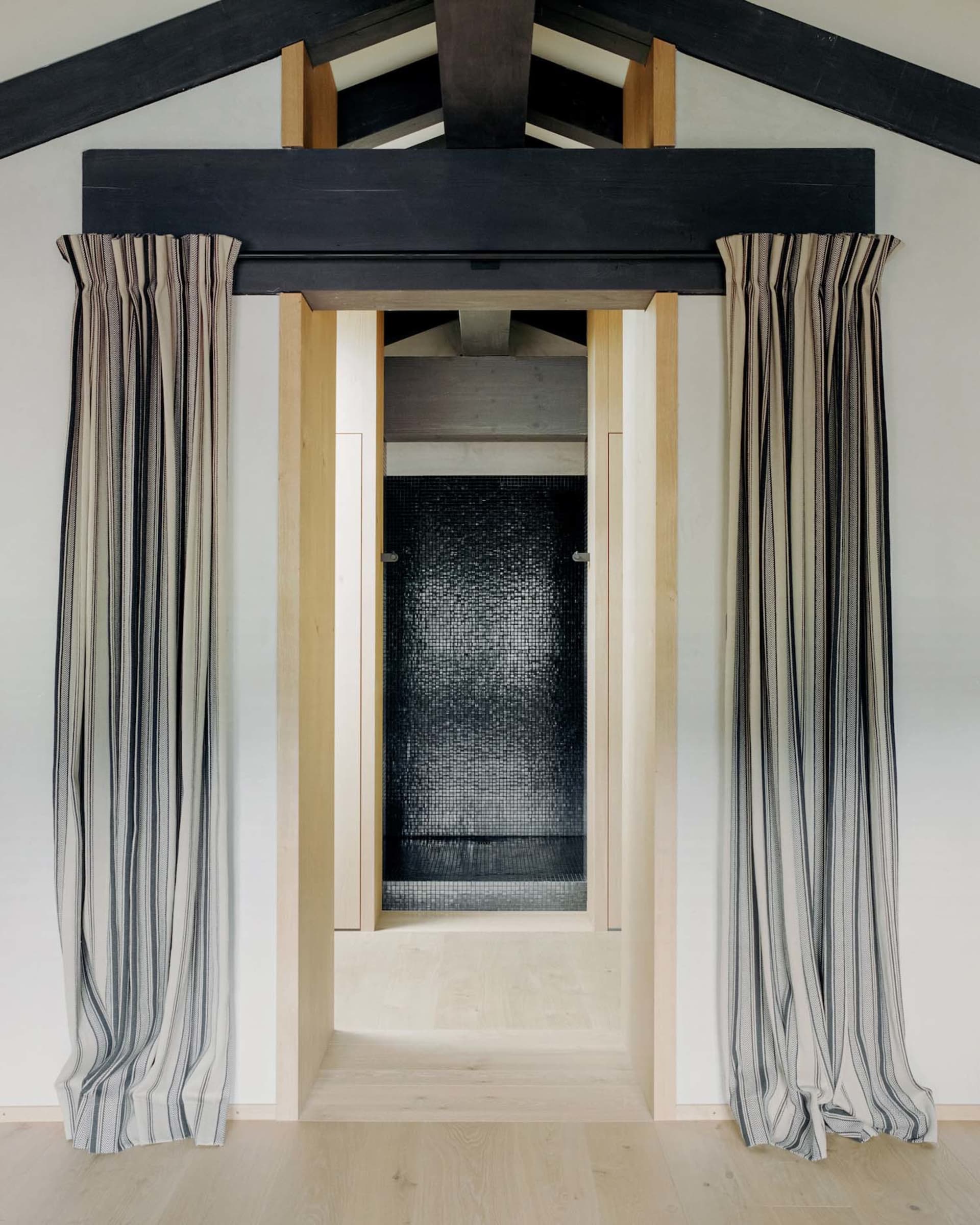 Modern interior design featuring textile curtains and minimalist architecture