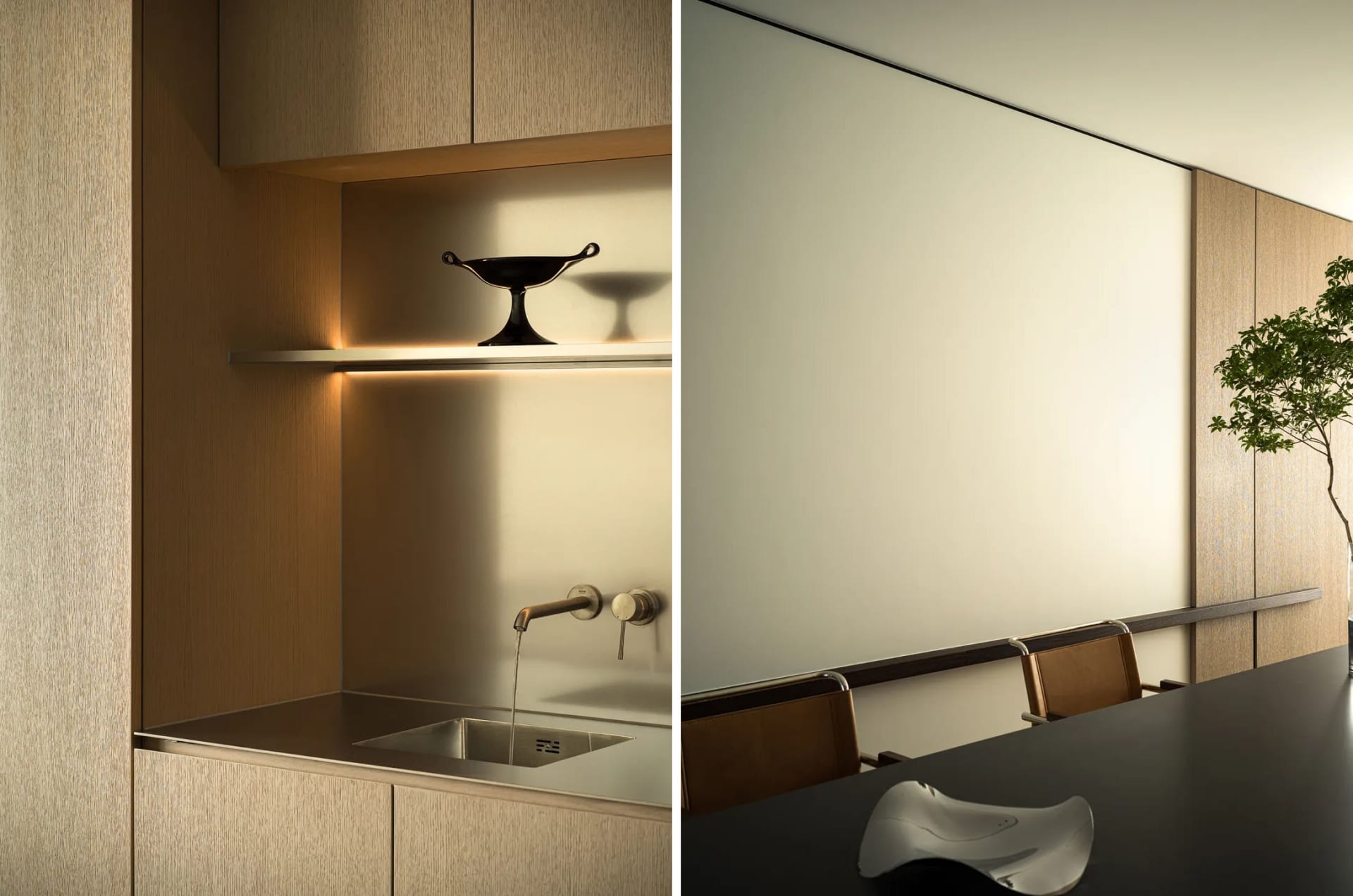 Modern minimalist kitchen featuring sleek wooden cabinets and a minimalist sink design