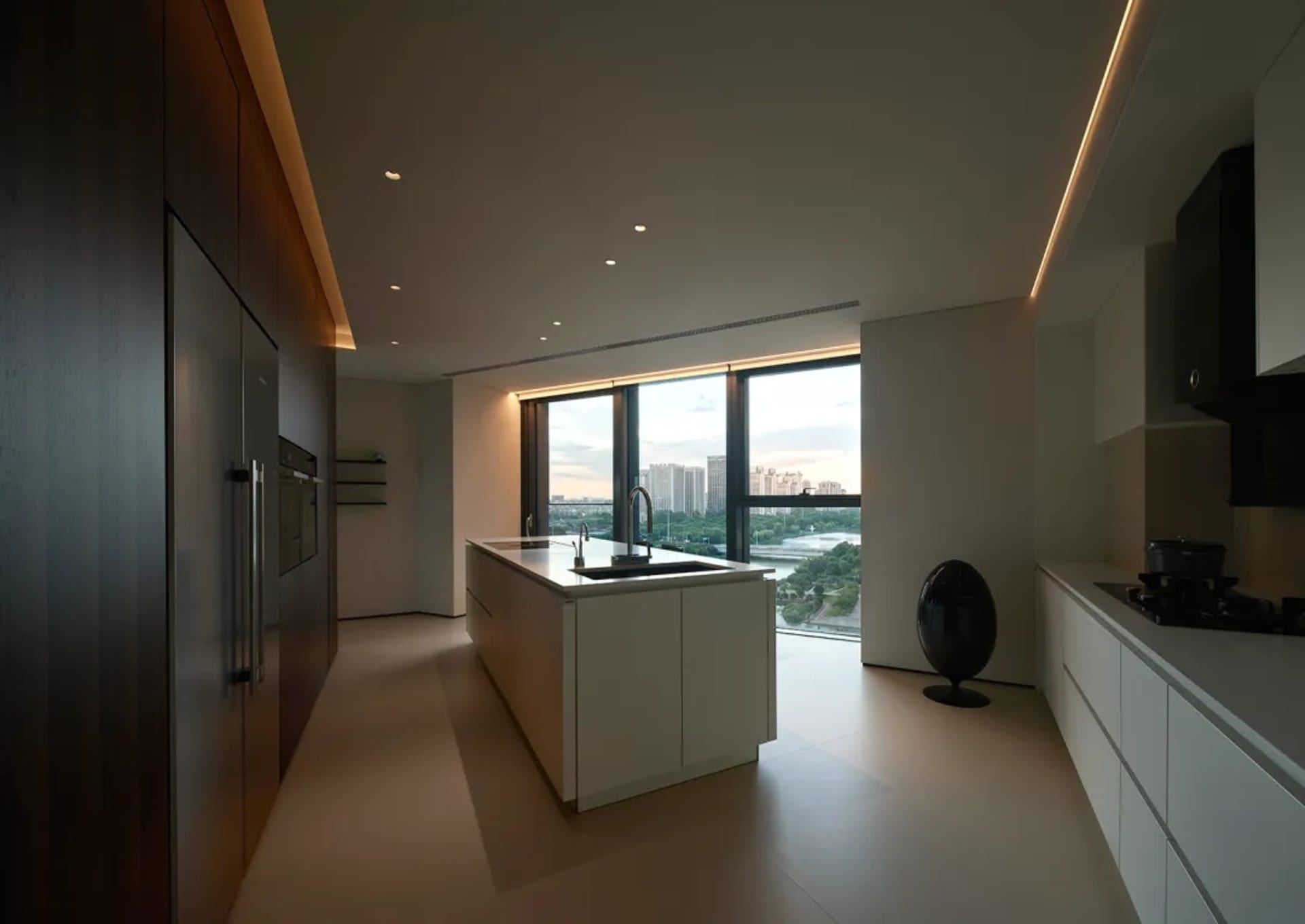 Modern, minimalist kitchen with white cabinets, island, and stainless steel appliances, featuring large windows overlooking a