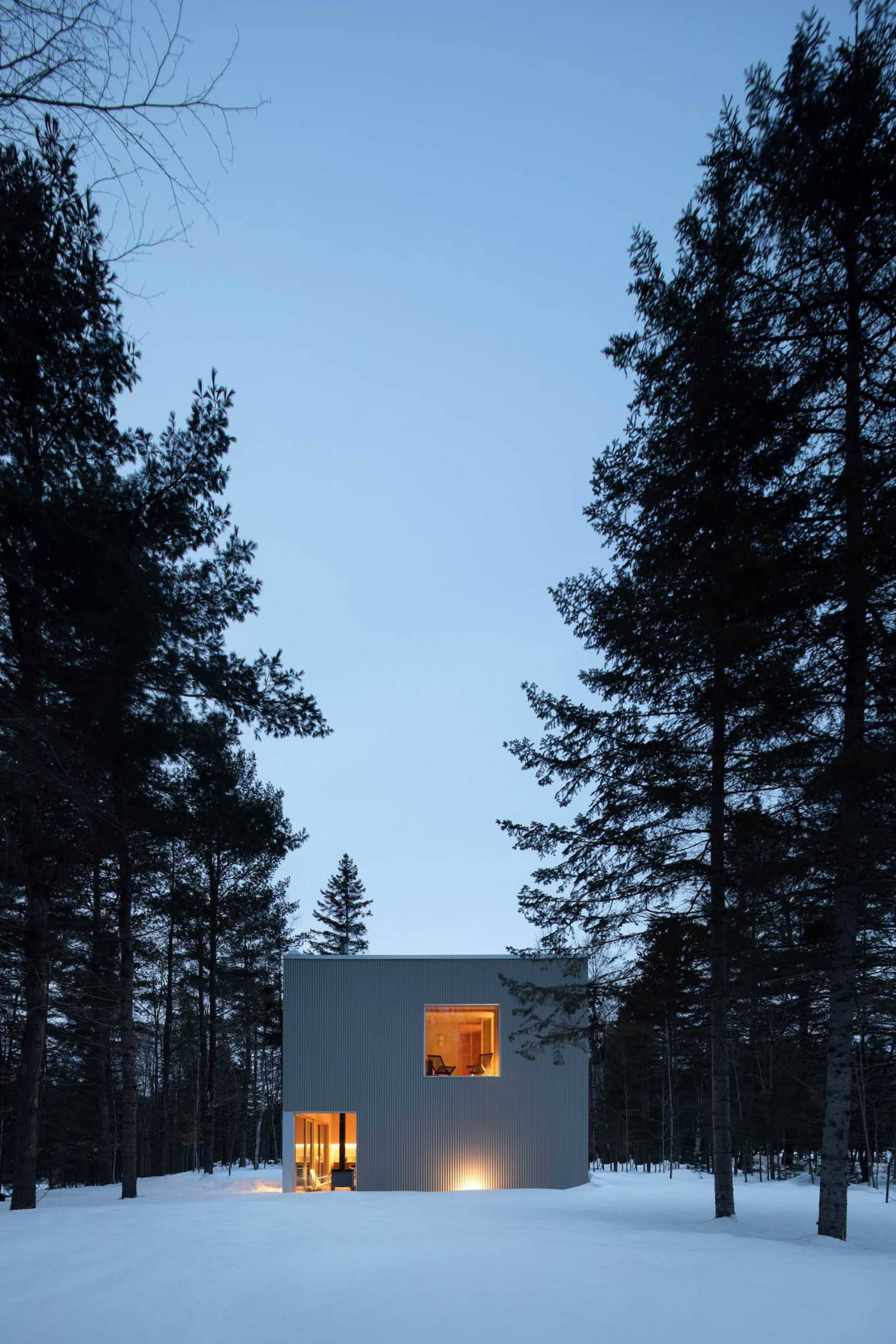 A minimalist residential building with metal cladding in a snowy forest setting.