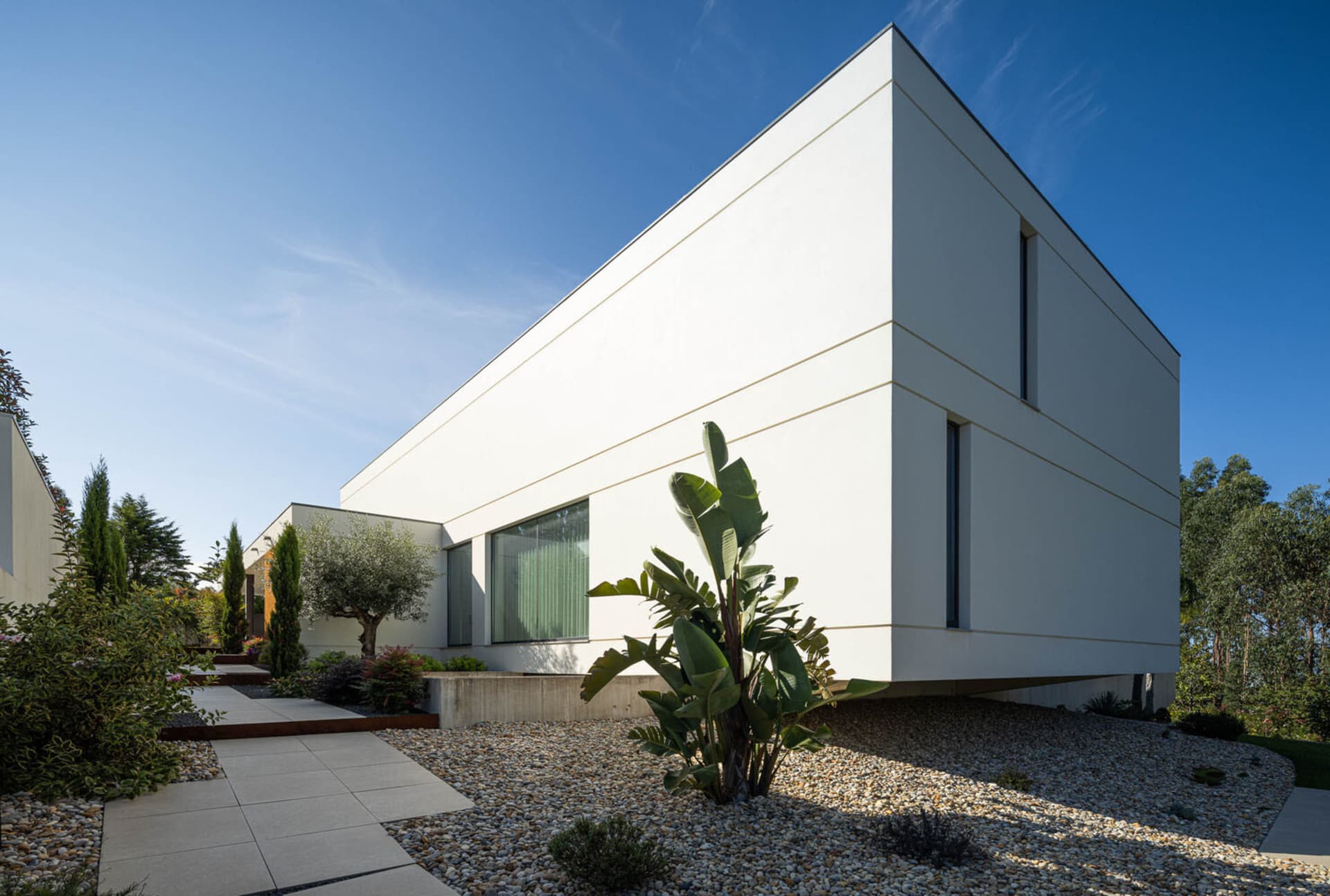 A modern architectural exterior with a minimalist design featuring concrete walls and large windows.