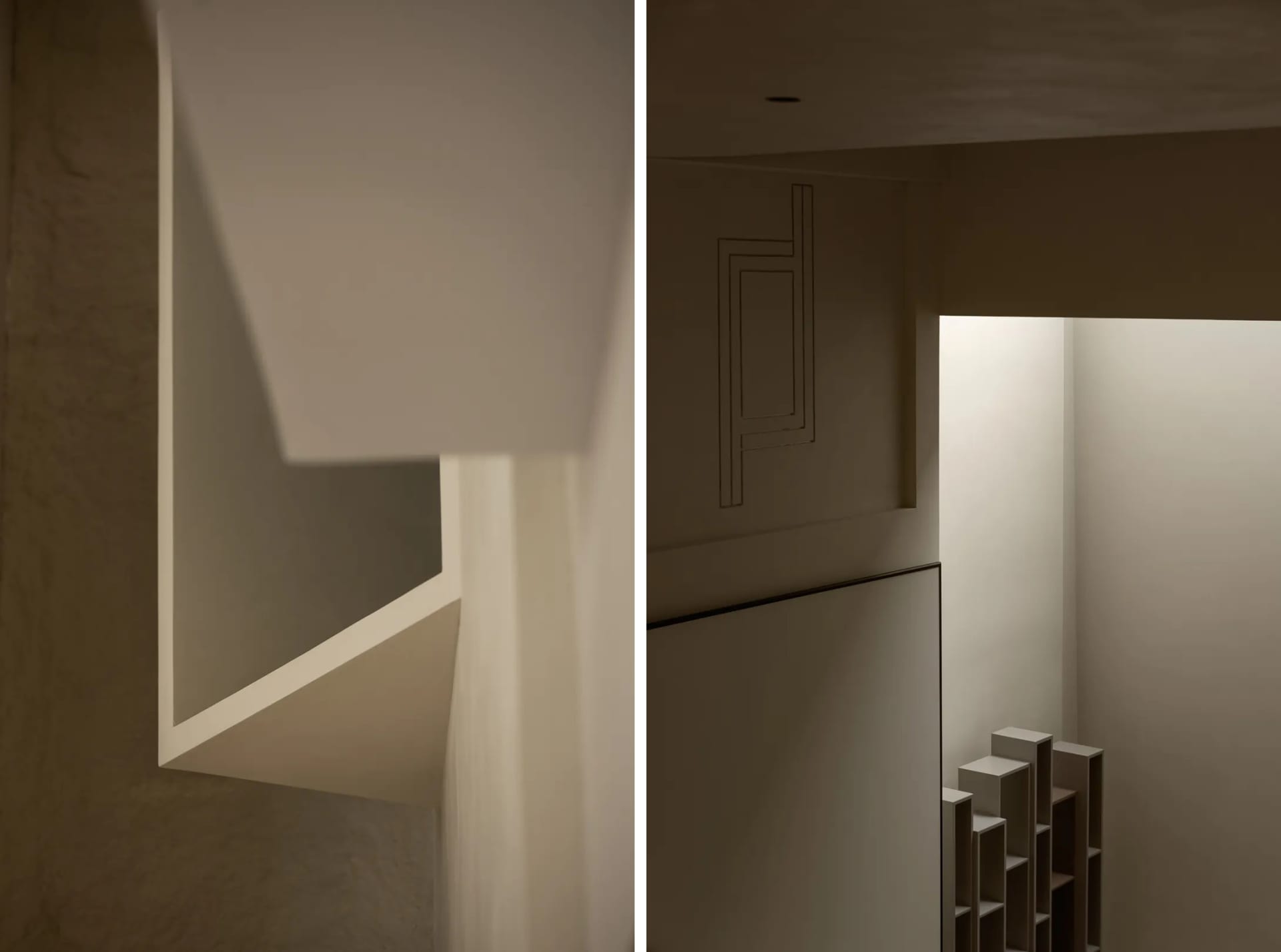 Minimalist white space with geometric shapes and light reflections on walls.