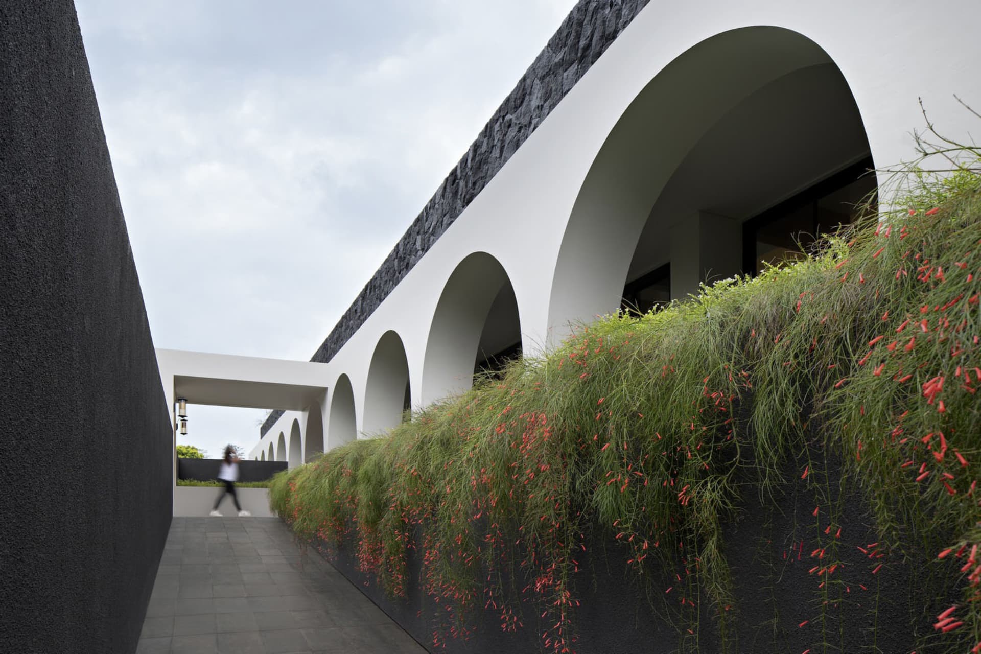 Modern architectural design featuring a concrete structure with a greenery-covered wall and garden.