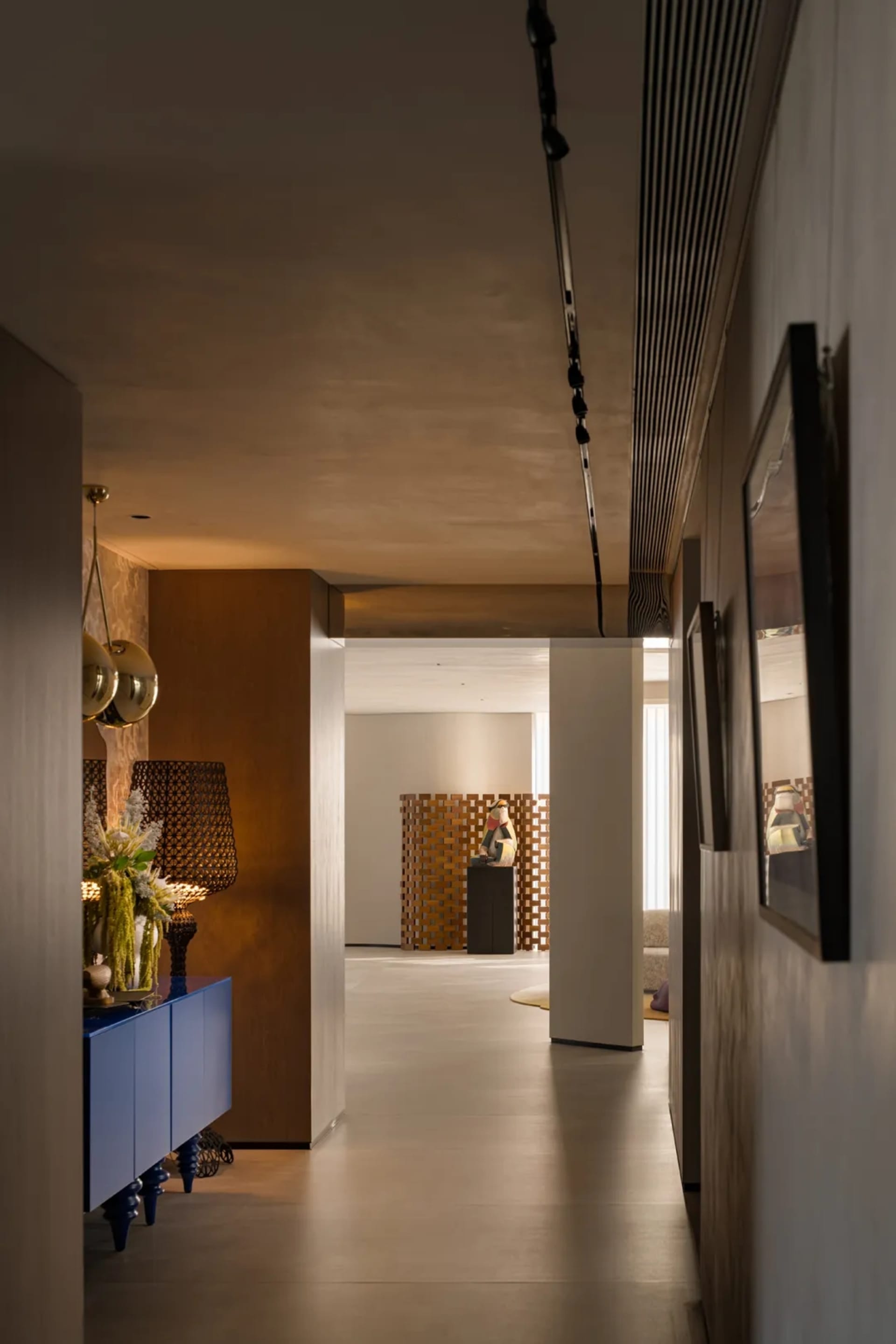A modern interior design space featuring wooden materials.