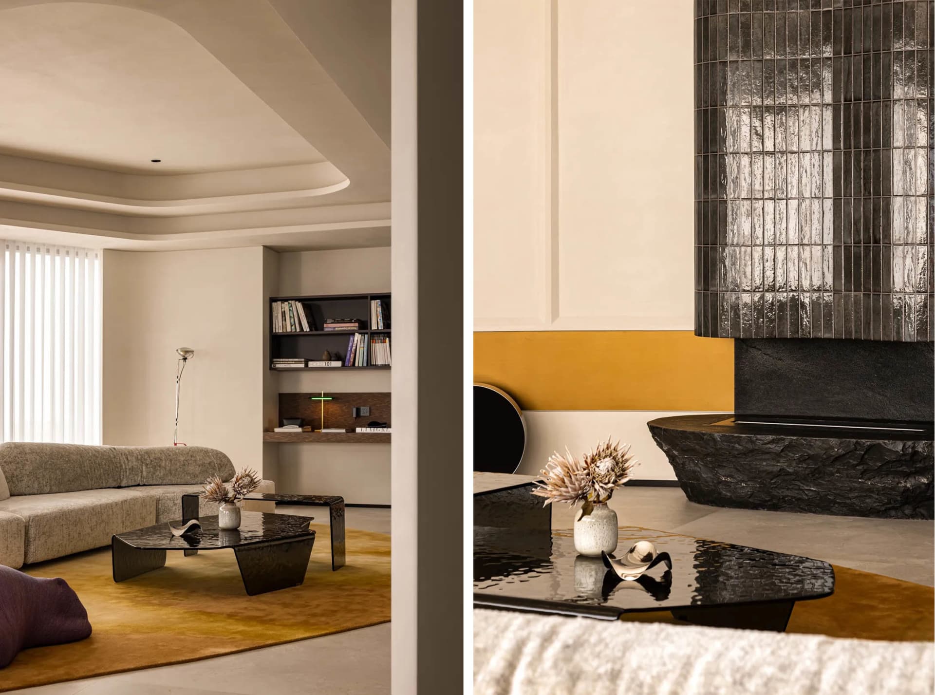 A modern living room featuring concrete and glass elements.