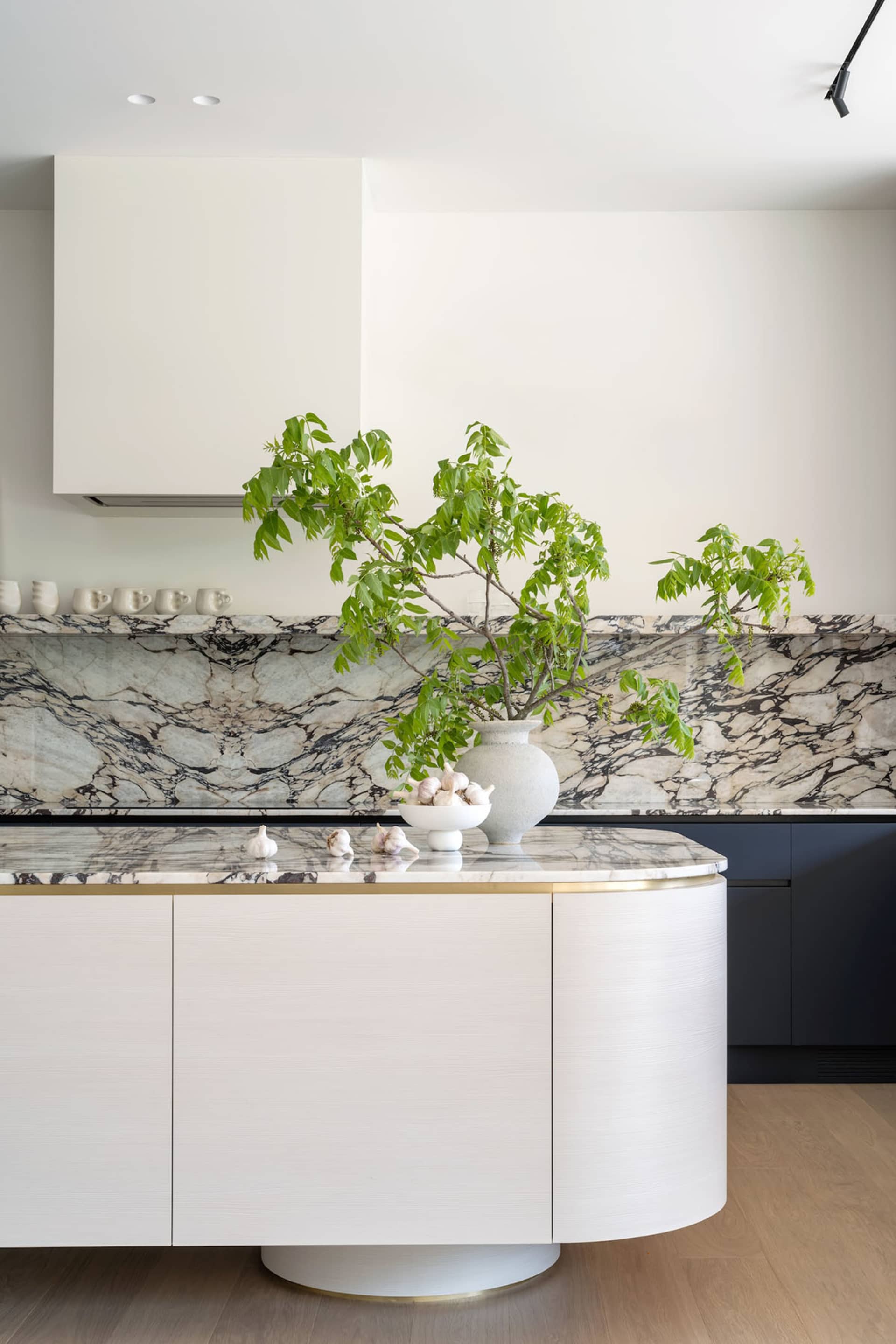 A modern kitchen counter featuring a white marble surface with a vase of green leafy plant and garlic cloves on top, set agai